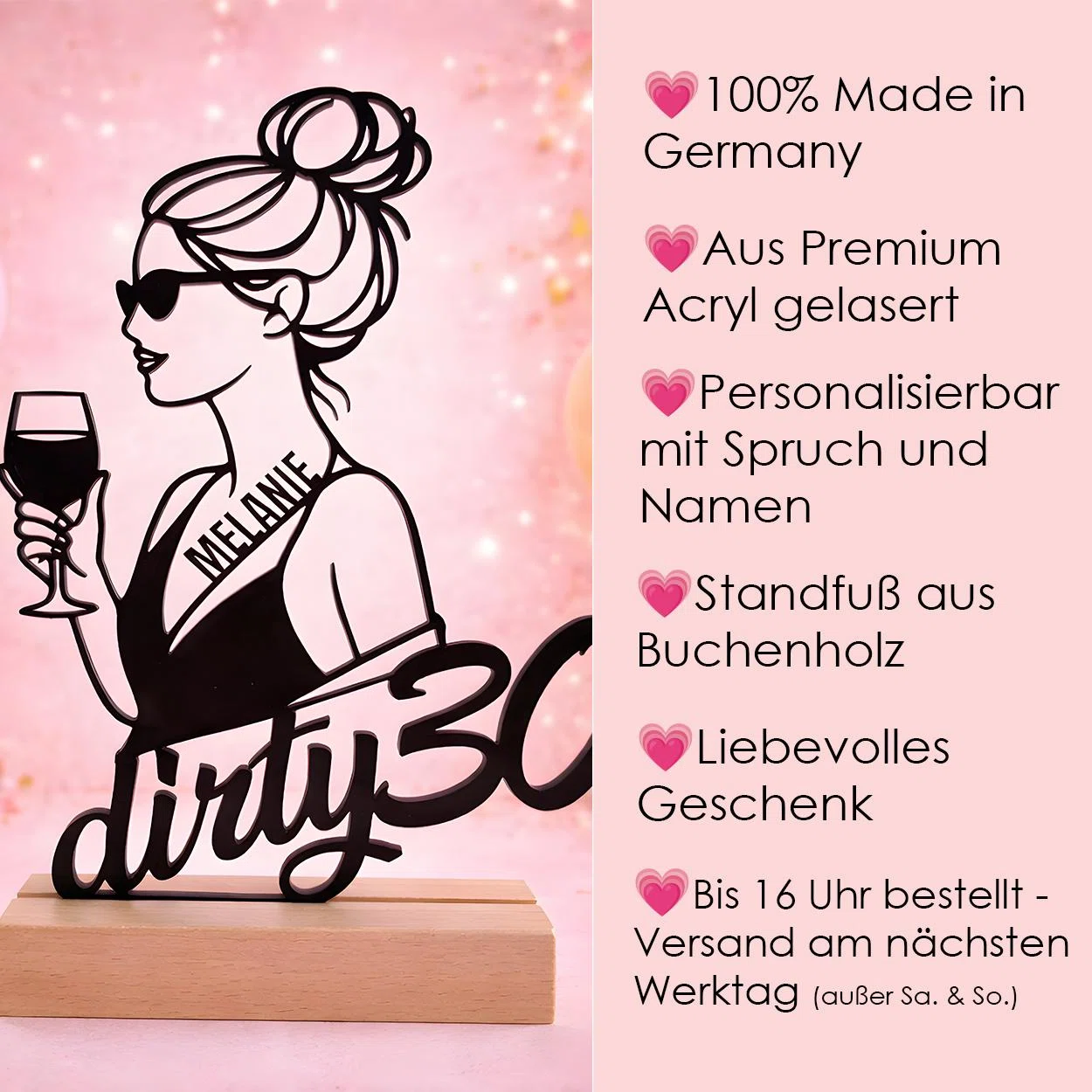 Infografik zu einer Acryl-Silhouette mit Sonnenbrille, Weinglas und Namensschärpe. Angaben: in Deutschland gefertigt, mit Spruch und Namen personalisierbar, Buchenholz-Standfuß und Versand am nächsten Werktag bei Bestellung bis 16 Uhr.