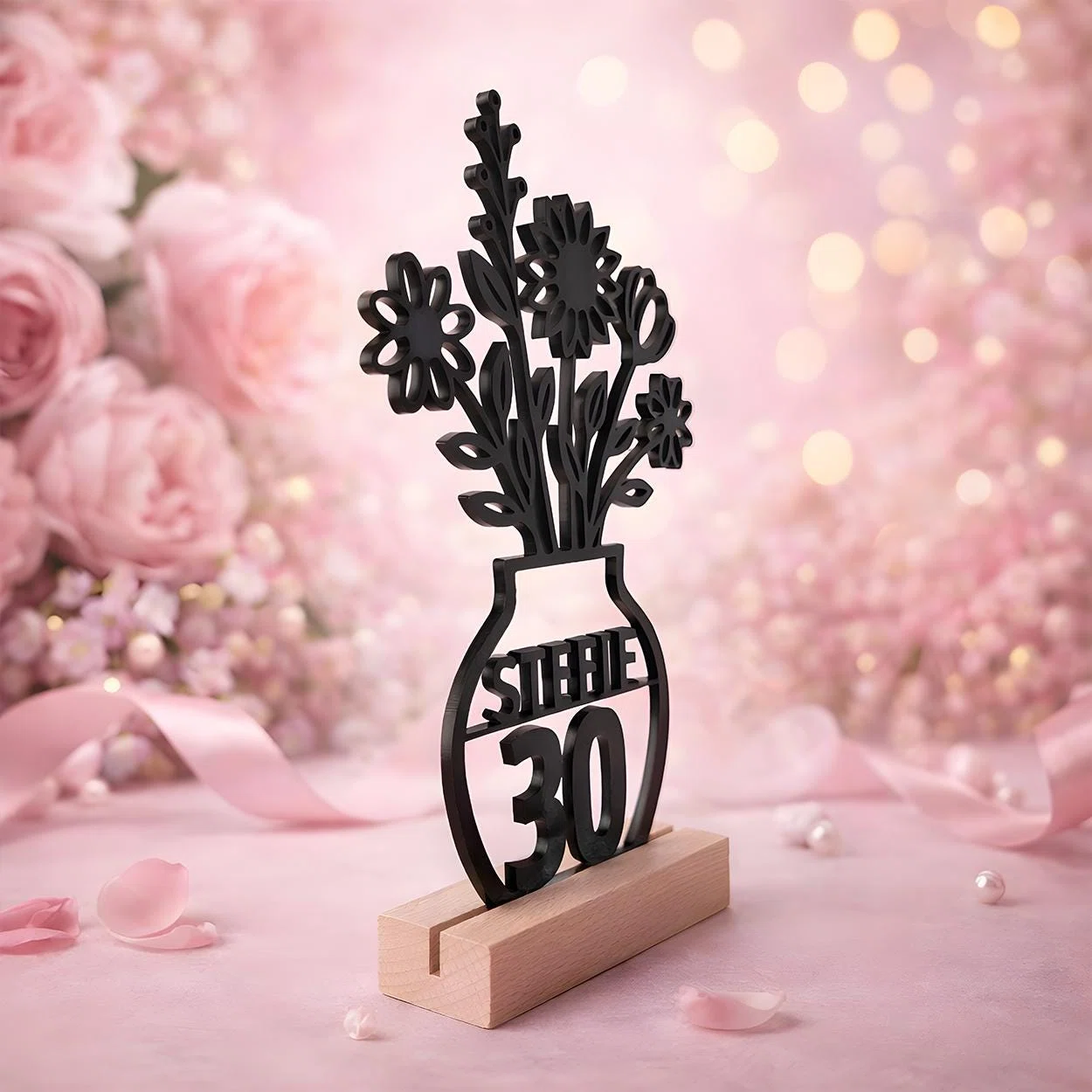 Schwarzer Deko-Aufsteller in Vasenform mit Blumenbouquet und der Aufschrift „STEFFI 30“, frontal in einem hellbraunen Sockel vor einer rosafarbenen Kulisse mit Rosen und Lichtpunkten.