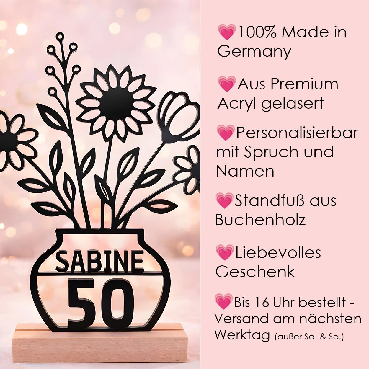 Infografik zu einem personalisierbaren Blumenmotiv aus schwarzem Acryl mit Name und Zahl im Buchenholz-Standfuß. Genannt werden Fertigung in Deutschland und Versand am nächsten Werktag bei Bestellung bis 16 Uhr, außer am Wochenende.