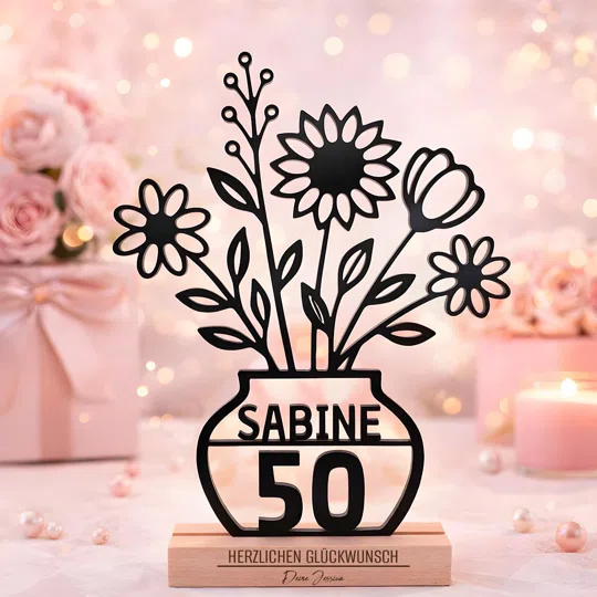 Personalisierten Blumenaufsteller zum 50. Geburtstag bestellen: schwarze Vasenform mit Blumen, Name und großer 50, auf einem Sockel in Holzoptik mit Glückwunsch und Unterschrift.