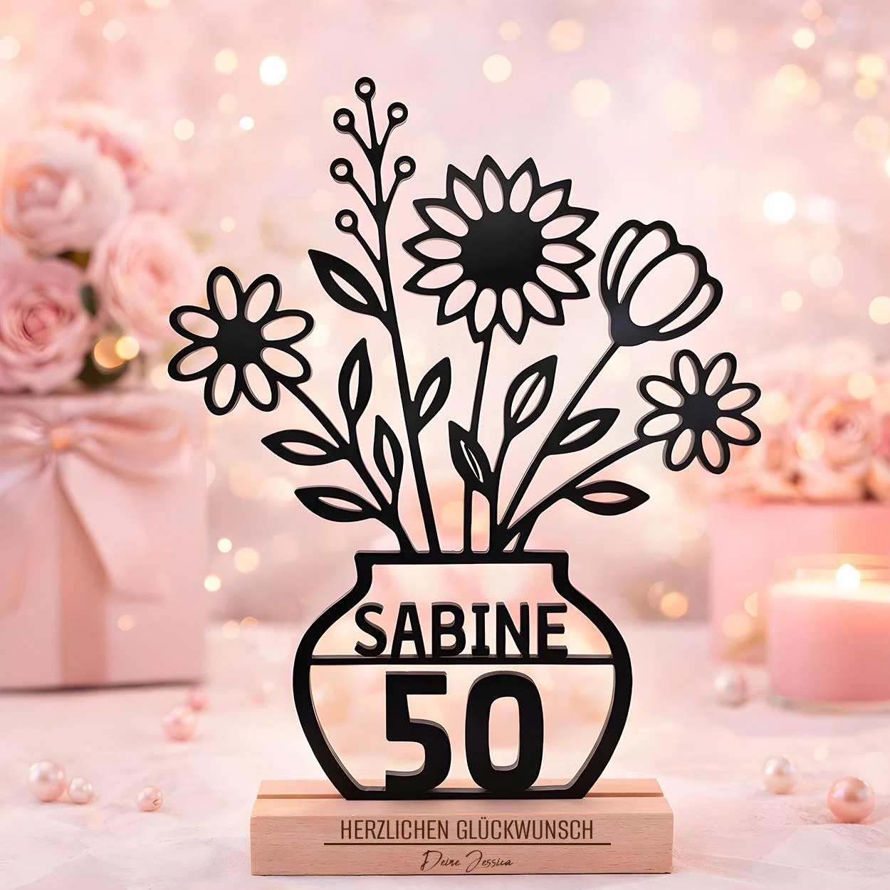 Personalisierten Blumenaufsteller zum 50. Geburtstag bestellen: schwarze Vasenform mit Blumen, Name und großer 50, auf einem Sockel in Holzoptik mit Glückwunsch und Unterschrift.