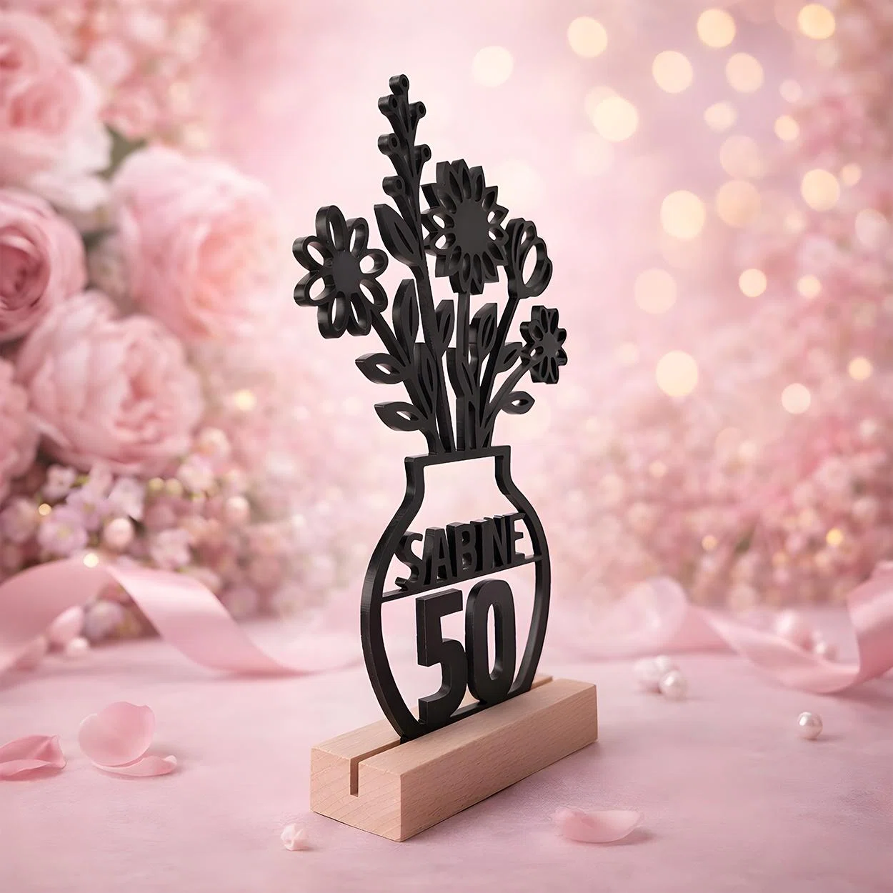 Schwarze Deko-Silhouette einer Vase mit vielfältigen Blumen, dem Namen „Sabine“ und der Zahl 50, auf einem hellen rechteckigen Sockel vor rosafarbener, festlicher Kulisse.