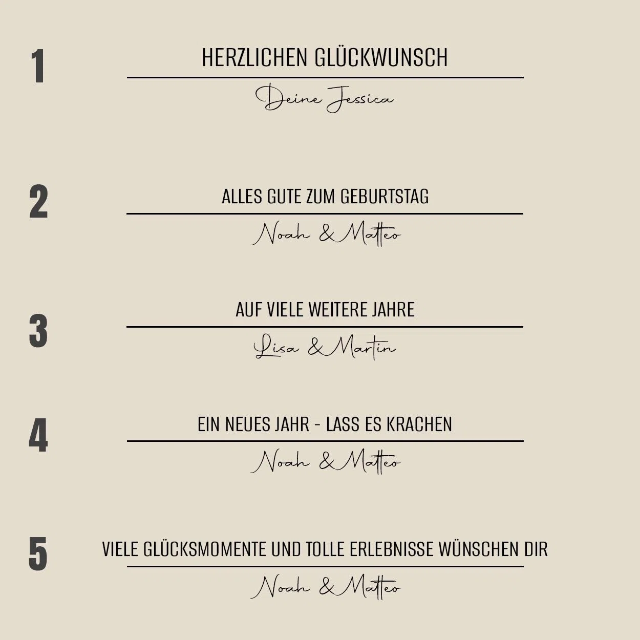 Übersicht mit fünf nummerierten Glückwünschen zum Geburtstag und neuen Lebensjahr, jeweils mit einer personalisierten Namenszeile. Schwarze Typografie und Trennlinien auf beigefarbenem Hintergrund.