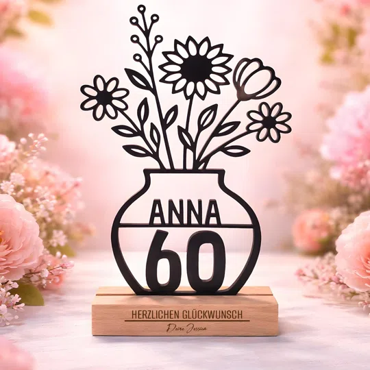 Blumenaufsteller zum 60. Geburtstag kaufen: schwarze Vasen-Silhouette mit Blumenbouquet, Name und großer 60 auf einem hellen Sockel mit „Herzlichen Glückwunsch“.