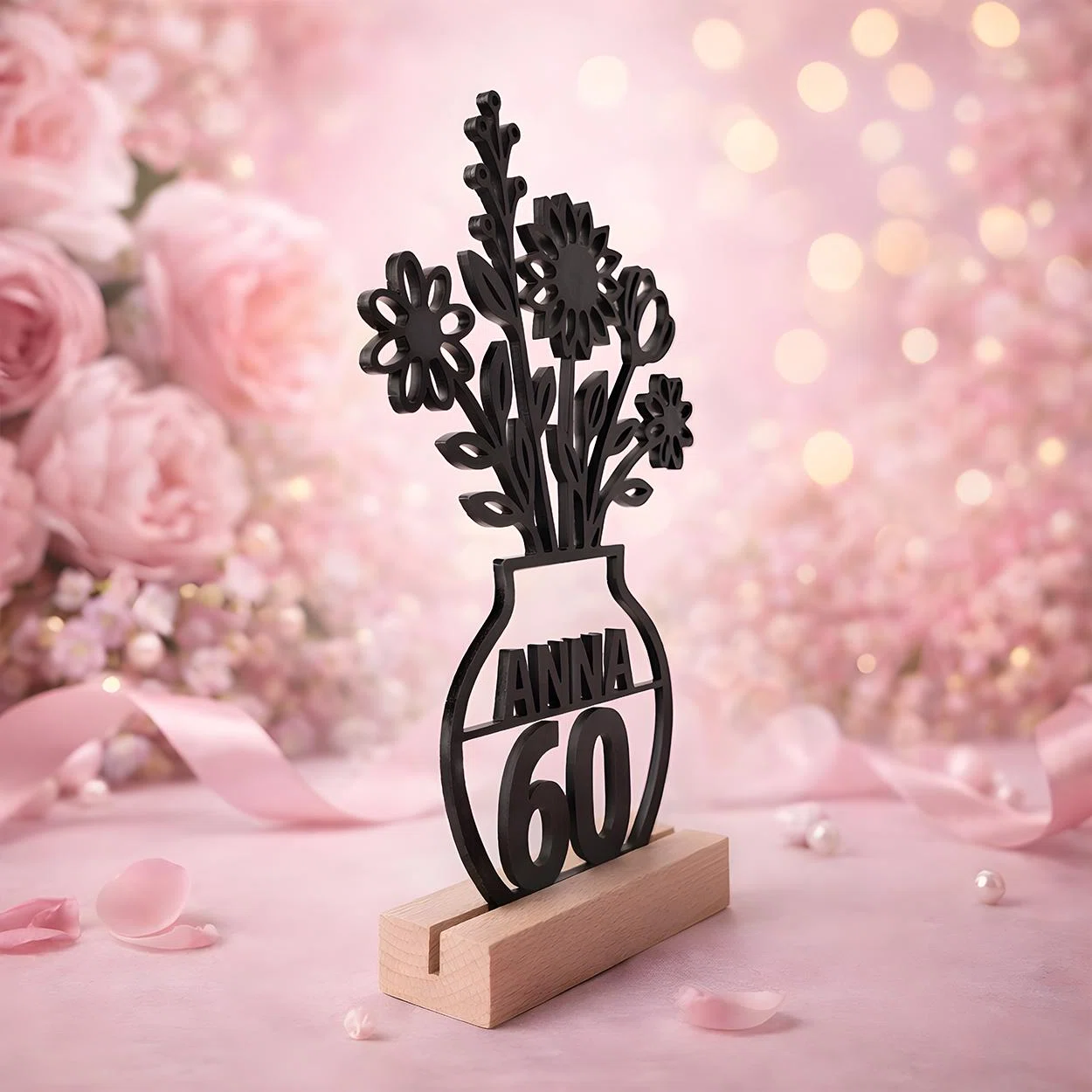 Personalisierbare schwarze Tischdekoration als Blumenvase mit floralem Strauß, Namen und großer Zahl 60, frontal in einen hellen rechteckigen Sockel gesteckt und vor rosafarbenem Festhintergrund arrangiert.