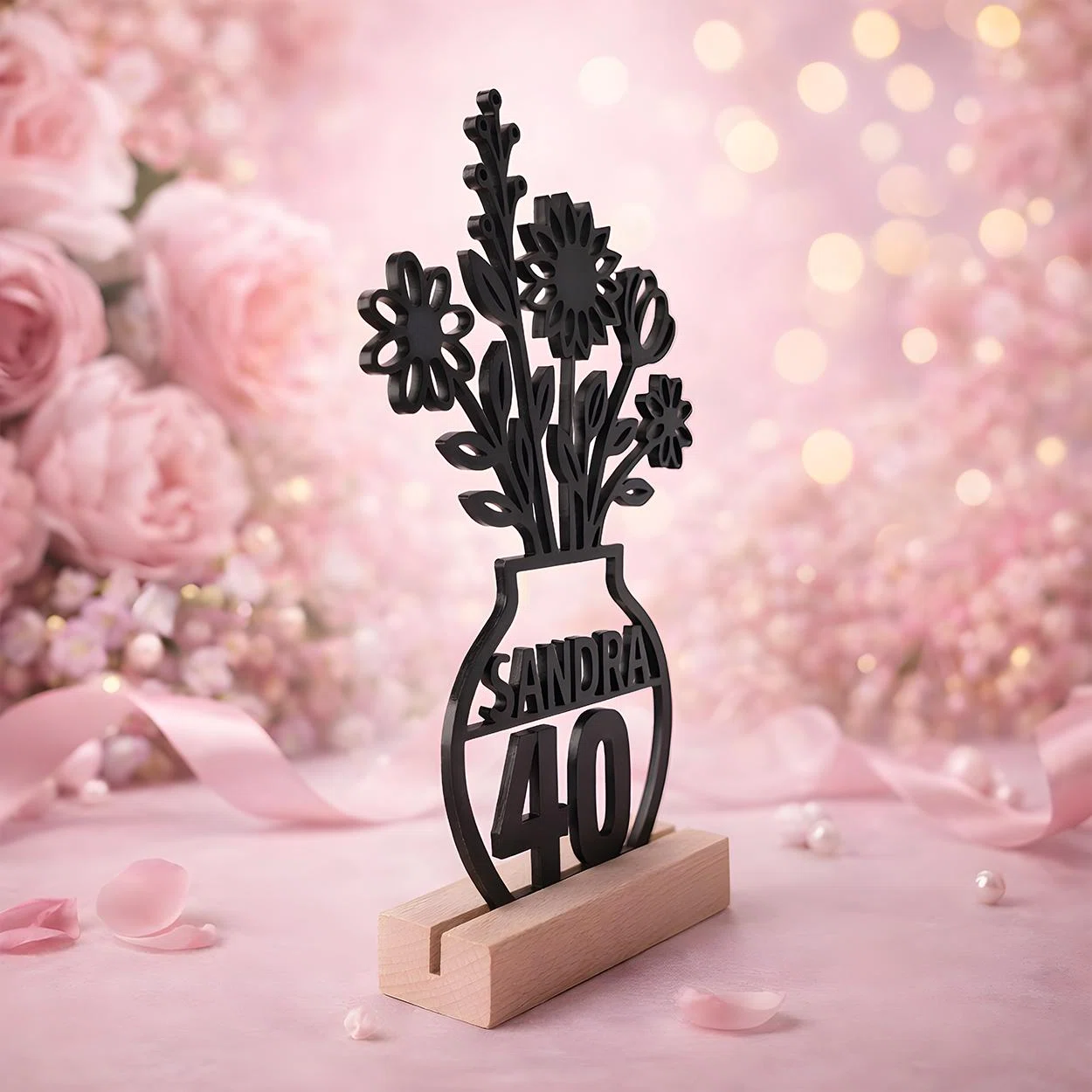 Schwarzer Aufsteller als Blumenvase mit filigranem Blumenstrauß sowie dem Schriftzug „Sandra“ und der Zahl 40. Die Silhouette steckt in einem hellen Sockel vor rosafarbener Festkulisse.