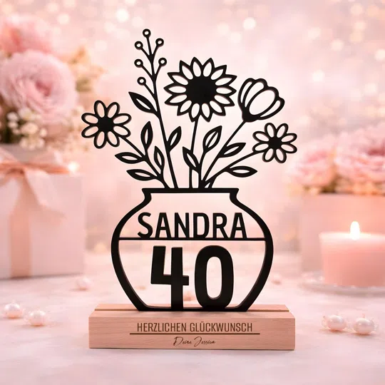 Blumenaufsteller zum 40. Geburtstag kaufen: schwarze Vasen-Silhouette mit Blumen, Name und großer 40 auf einem hellen Sockel mit Glückwunschtext.