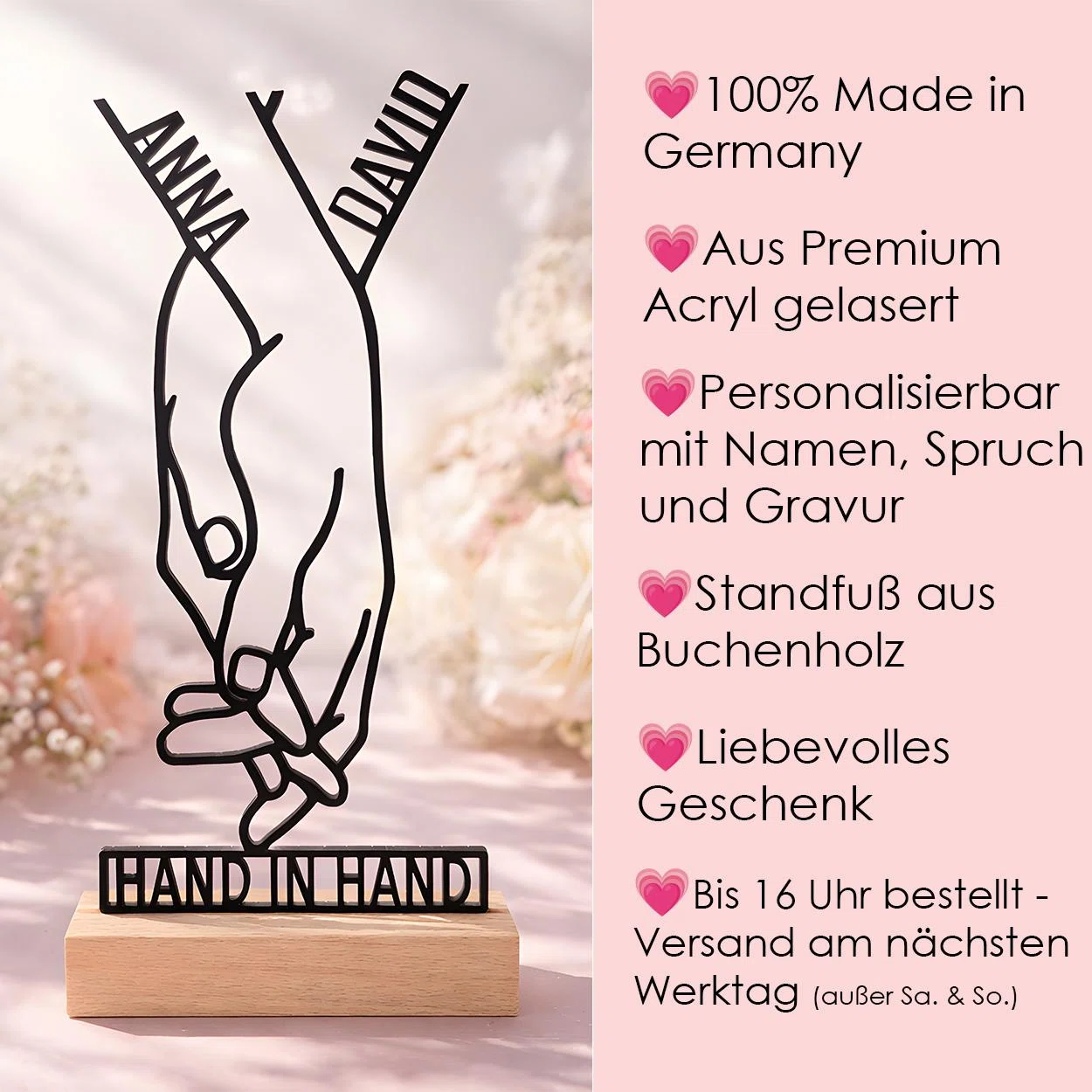 Infografik zu einer schwarzen Acryl-Silhouette ineinandergreifender Hände auf Holzfuß: in Deutschland gefertigt und mit Namen, Spruch sowie Gravur personalisierbar; Versandhinweis bei Bestellung bis 16 Uhr.
