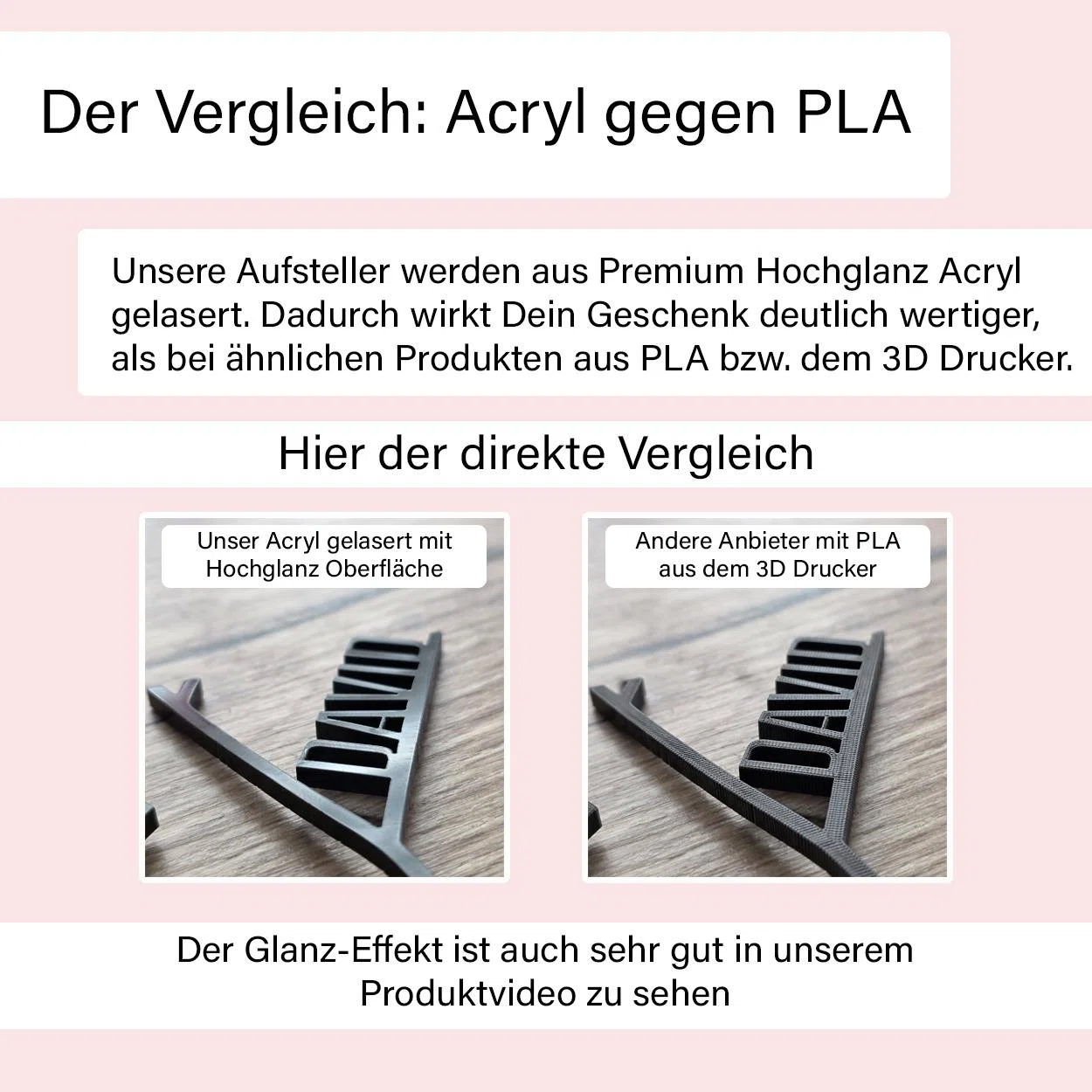 Infografik zum Vergleich von gelasertem Acryl und 3D-gedrucktem PLA: Zwei Nahaufnahmen stellen eine glatte, glänzende schwarze Oberfläche einer sichtbar geriffelten, matten Struktur gegenüber.