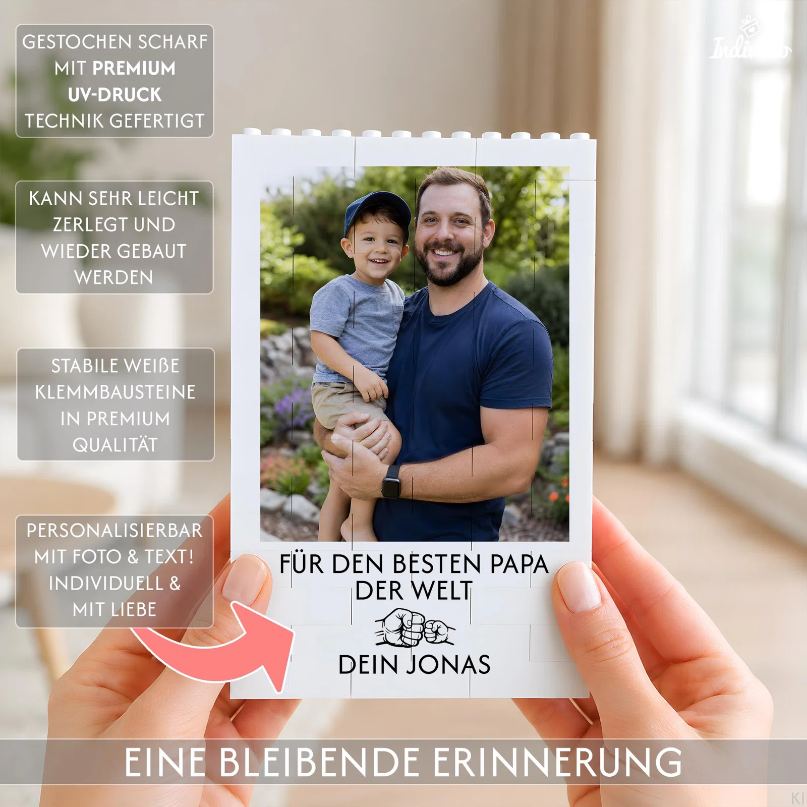 Infografik zu einem personalisierbaren Fotobild aus weißen Klemmbausteinen: Foto und Text werden per UV-Druck aufgebracht; das rechteckige Motiv lässt sich zerlegen und wieder zusammensetzen.