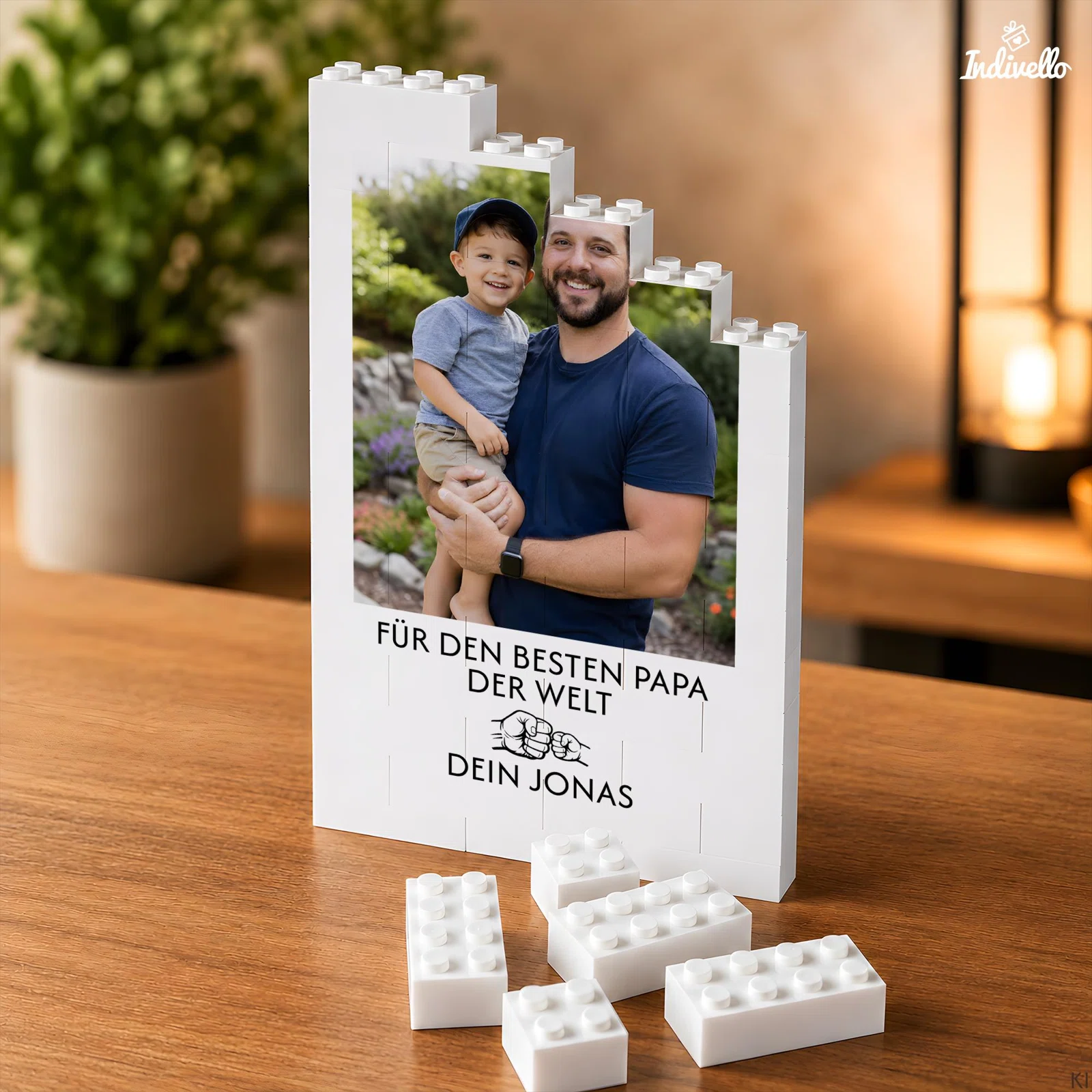 Aufrecht stehender, weißer Bilderrahmen in Bausteinoptik mit abgestuftem Rand und Foto eines Erwachsenen mit Kind. Darunter stehen „Für den besten Papa der Welt“ und ein Faustgruß-Motiv; lose Bausteine liegen davor.