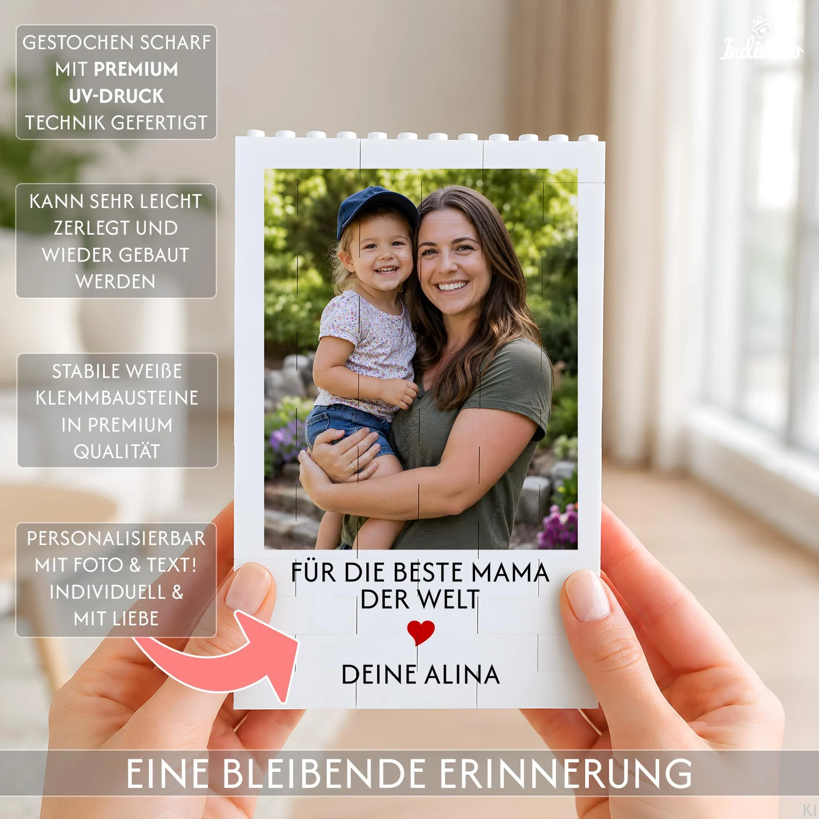 Infografik: Personalisierbares Foto mit Wunschtext und rotem Herz auf weißen Klemmbausteinen, per UV-Druck gefertigt und leicht zerlegbar sowie wieder zusammensetzbar.