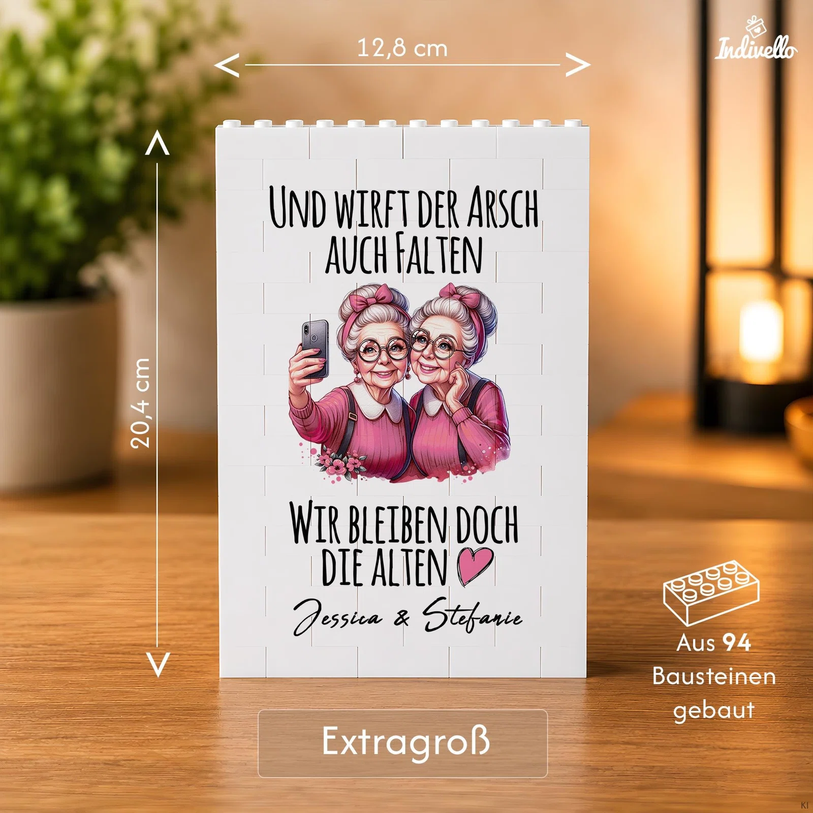 Größenangaben zum weißen Bausteinbild: Die extragroße, hochformatige Variante misst 12,8 × 20,4 cm und wird aus 94 Bausteinen zusammengesetzt.