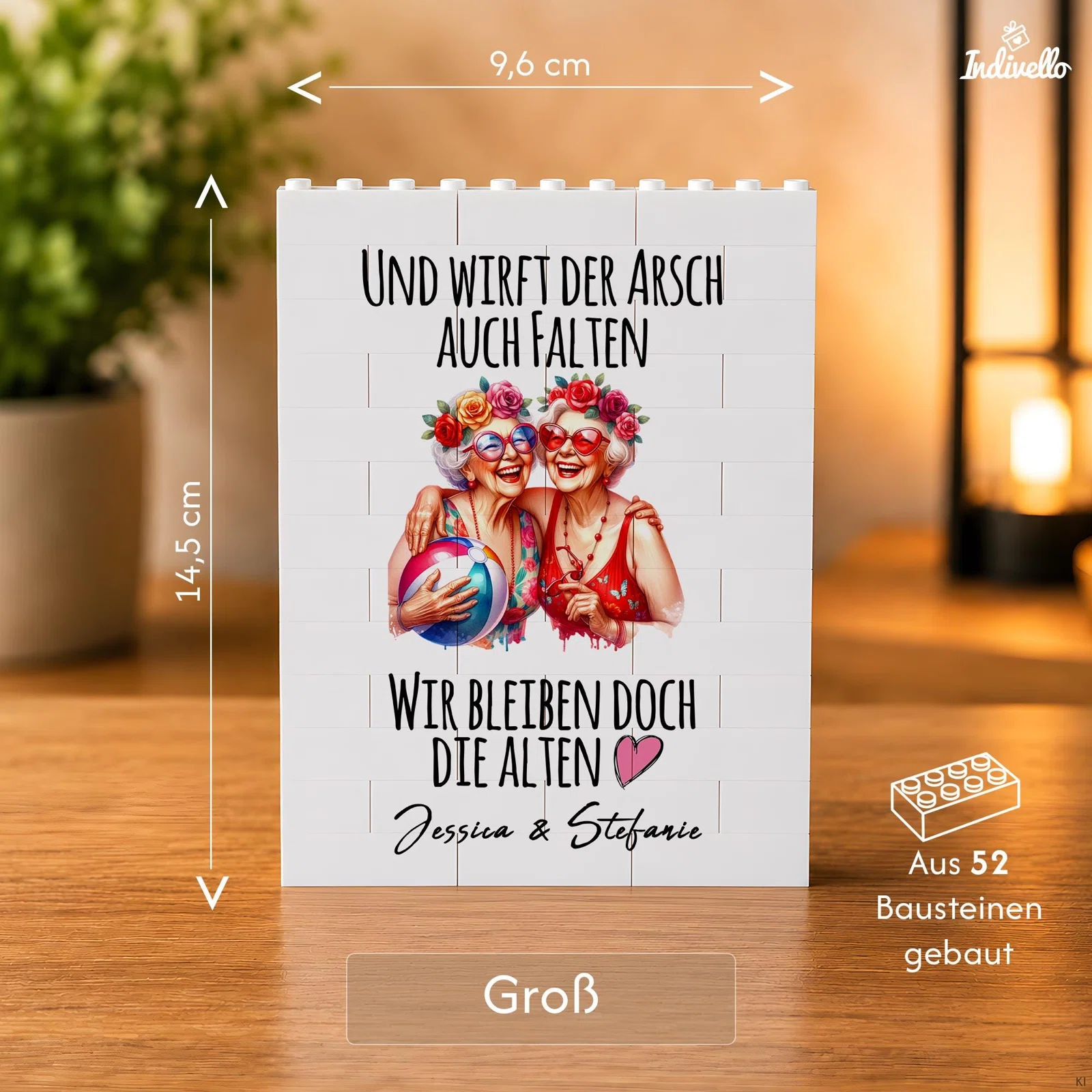 Größenangabe für die Variante „Groß“: Das rechteckige Motiv aus 52 weißen Bausteinen ist 9,6 cm breit und 14,5 cm hoch.