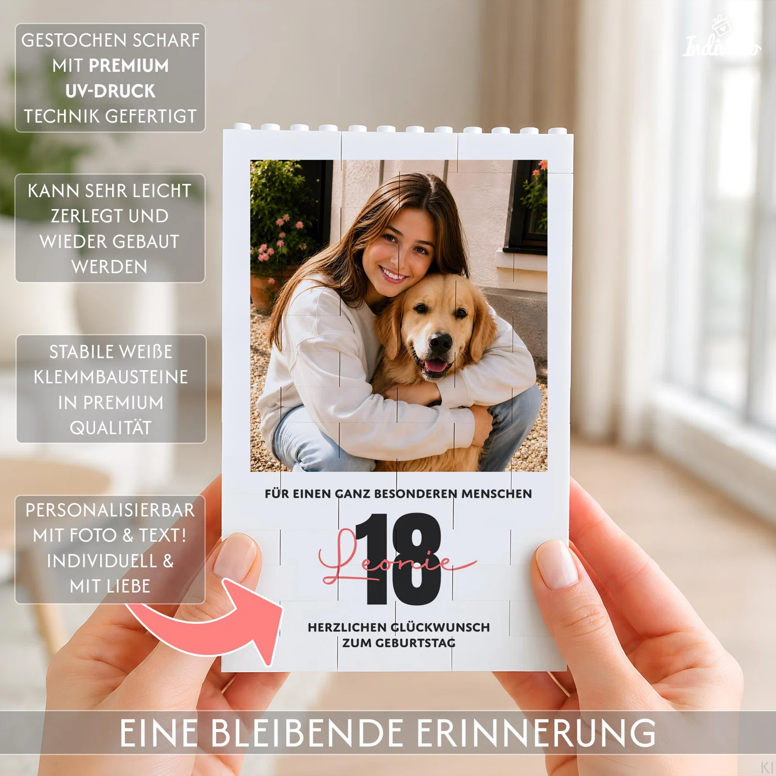 Infografik zu einem personalisierbaren Fotobild aus weißen Klemmbausteinen: mit Foto und Text bedruckbar, leicht zerlegbar und erneut zusammensetzbar; gezeigt als Geburtstagsmotiv zum 18.