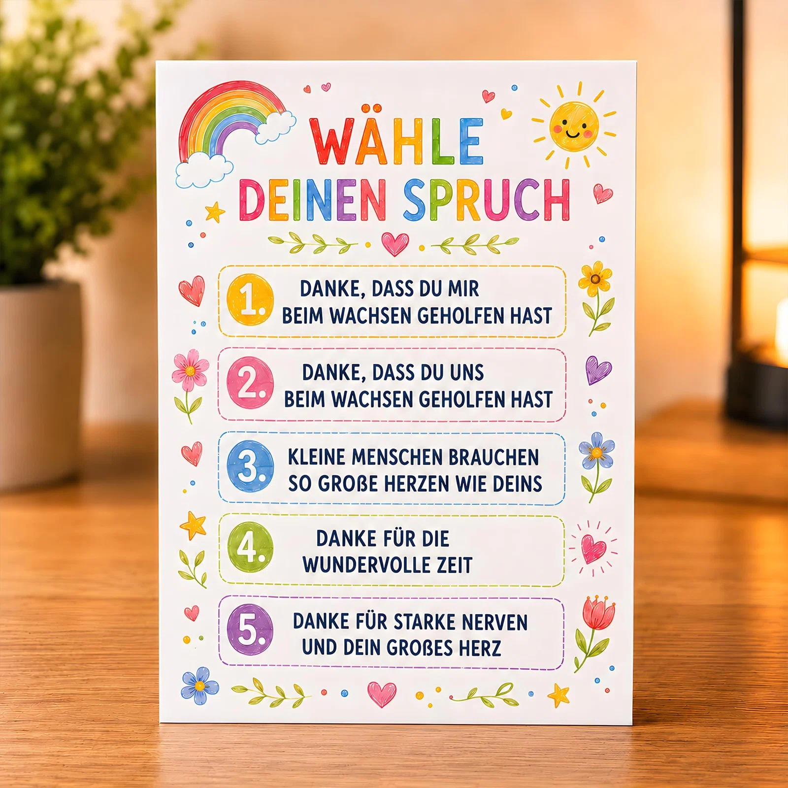 Bunte Spruchübersicht mit fünf Dankesbotschaften: Hilfe beim Wachsen, großes Herz, wundervolle Zeit und starke Nerven. Regenbogen, Sonne, Blumen und Herzen rahmen die Auswahl ein.