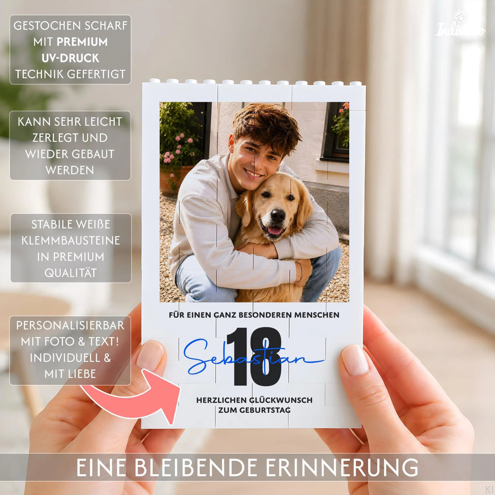 Infografik zu einem personalisierbaren Geburtstagsbild aus weißen Klemmbausteinen: Foto und Text werden per UV-Druck aufgebracht; das Motiv lässt sich zerlegen und wieder zusammensetzen.