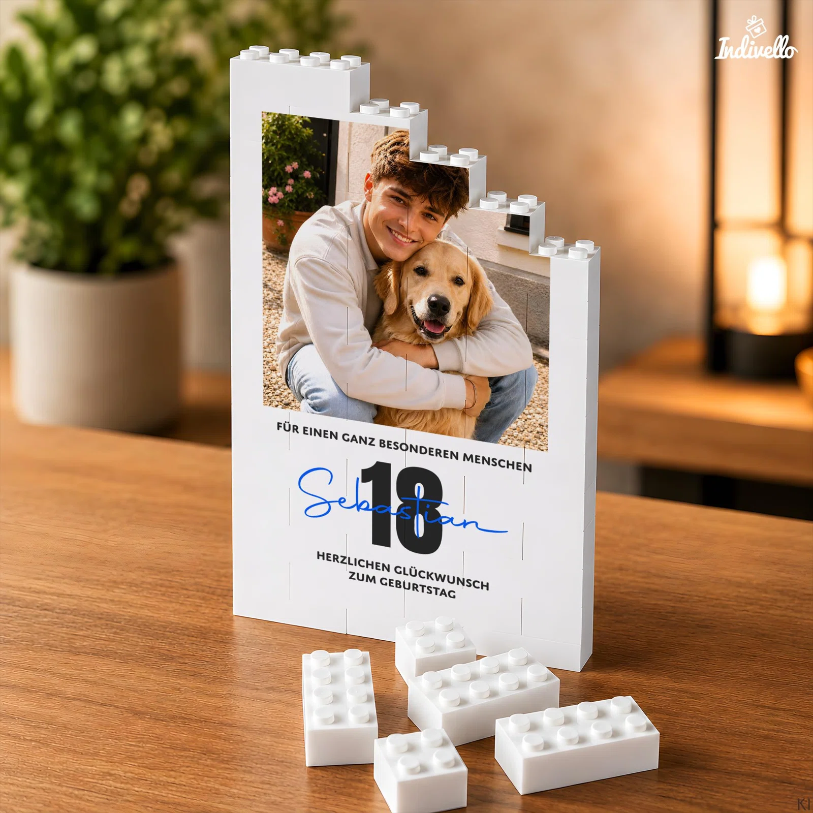 Personalisierter Fotoaufsteller zum 18. Geburtstag aus weißen Klemmbausteinen, mit stufenförmigem Rand, großem Fotomotiv von Person und Hund sowie schwarzer und blauer Schrift.