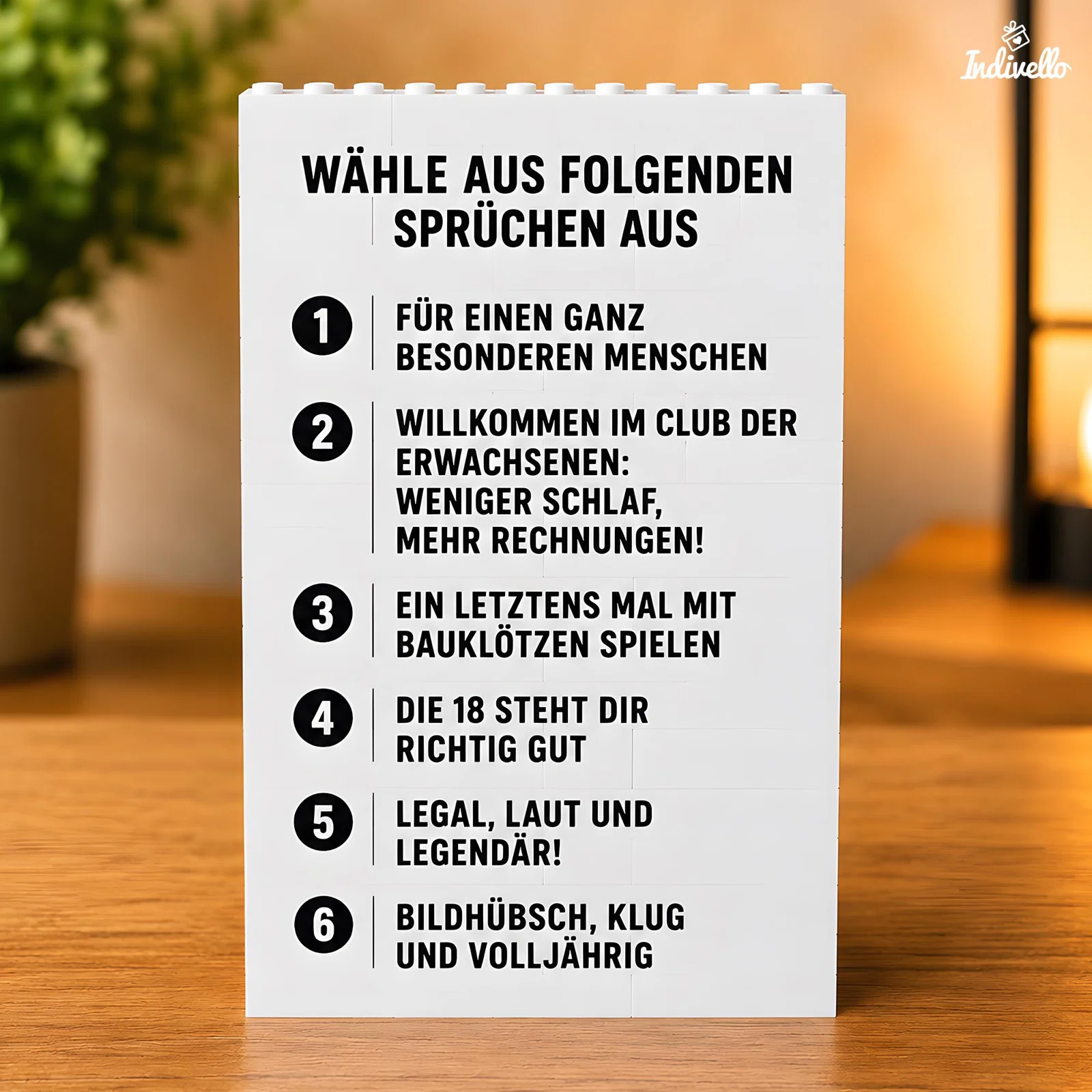 Übersicht mit sechs wählbaren Sprüchen zum 18. Geburtstag – von „Willkommen im Club der Erwachsenen: weniger Schlaf, mehr Rechnungen!“ bis „Legal, laut und legendär!“ und „Bildhübsch, klug und volljährig“.
