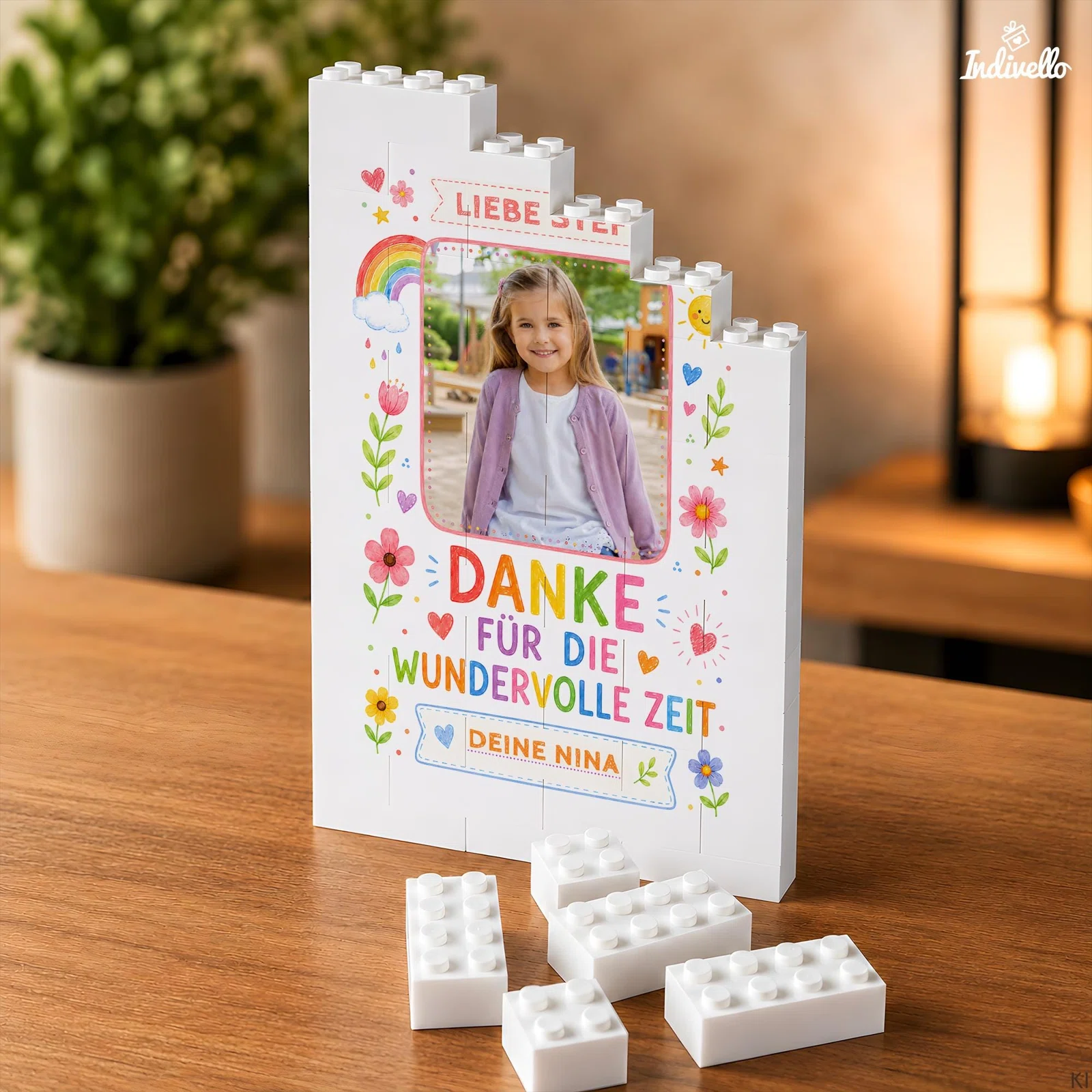 Weiße, stufenförmige Klemmbaustein-Tafel in Vorderansicht, bedruckt mit Kinderfoto, Regenbogen, Blumen und Herzen. Der bunte Spruch „Danke für die wundervolle Zeit“ ergänzt das Motiv.