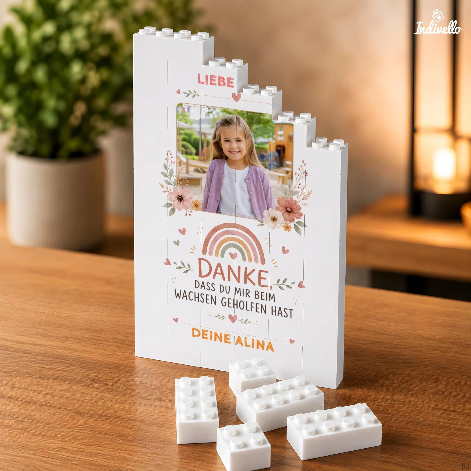 Personalisierter Fotoaufsteller aus weißen Klemmbausteinen mit Kinderfoto, Blumen und Regenbogen. Der Dankesspruch steht unter dem Foto; lose Bausteine liegen auf dem Holztisch.