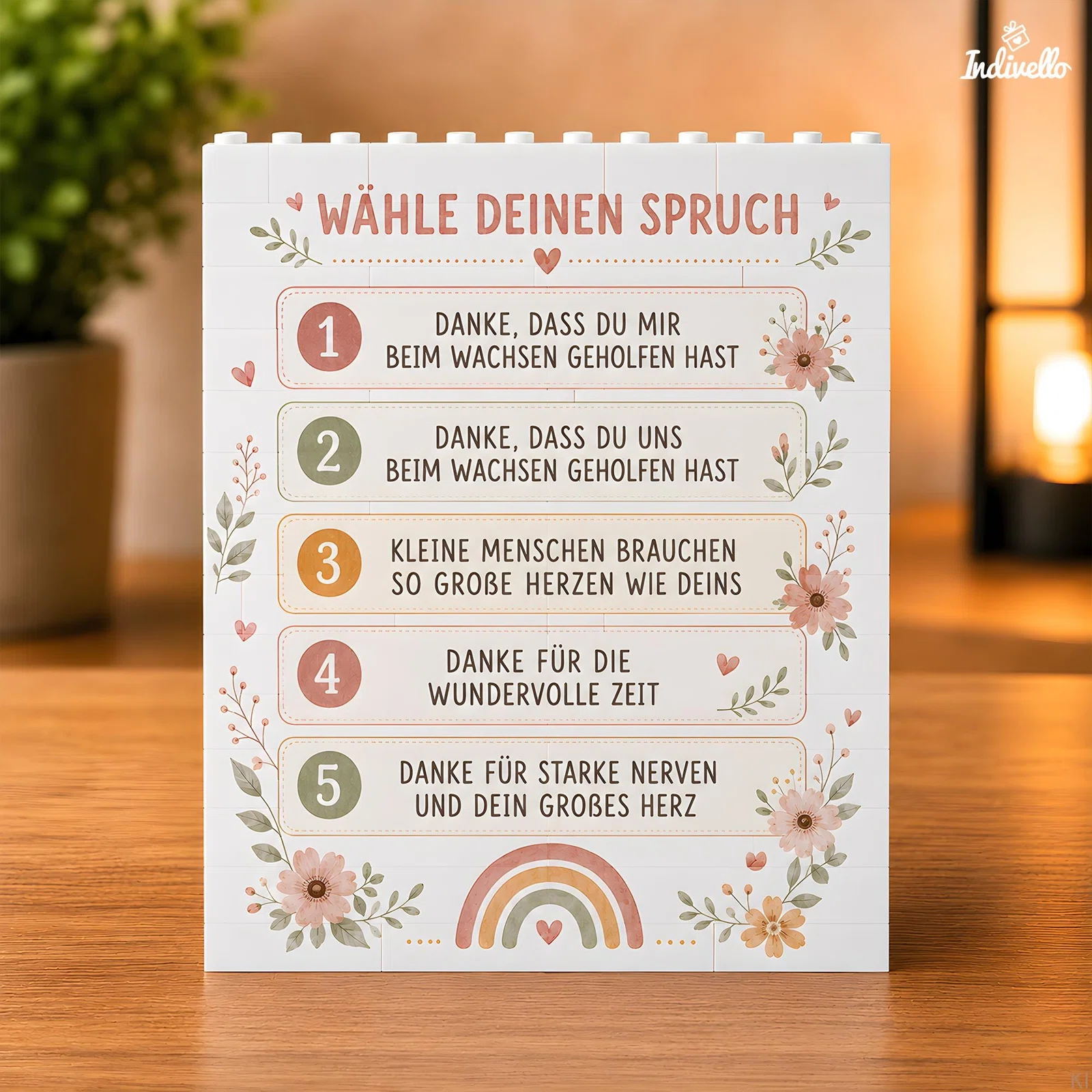 Spruchübersicht mit fünf Dankestexten: Hilfe beim Wachsen in „mir“- oder „uns“-Form, „Kleine Menschen brauchen so große Herzen wie deins“, Dank für die wundervolle Zeit sowie für starke Nerven und ein großes Herz.
