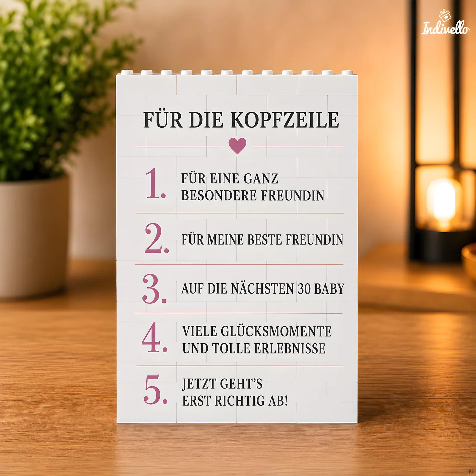 Spruchübersicht mit fünf Textoptionen für eine Freundin: von „Für eine ganz besondere Freundin“ über den Baby-Countdown und Glücksmomente bis „Jetzt geht’s erst richtig ab!“, nummeriert in Rosa.