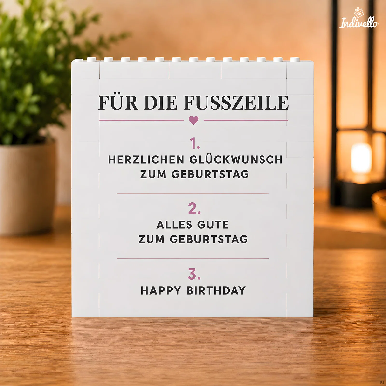 Spruchübersicht „Für die Fußzeile“ mit drei Geburtstagsgrüßen zur Auswahl: „Herzlichen Glückwunsch zum Geburtstag“, „Alles Gute zum Geburtstag“ und „Happy Birthday“.