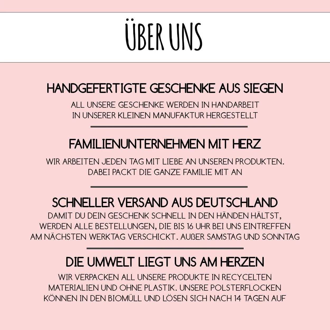 Rosa „Über uns“-Infografik: Geschenke werden in einer Familienmanufaktur in Siegen von Hand gefertigt. Bestellungen bis 16 Uhr gehen am nächsten Werktag raus; verpackt wird plastikfrei in recycelten Materialien.