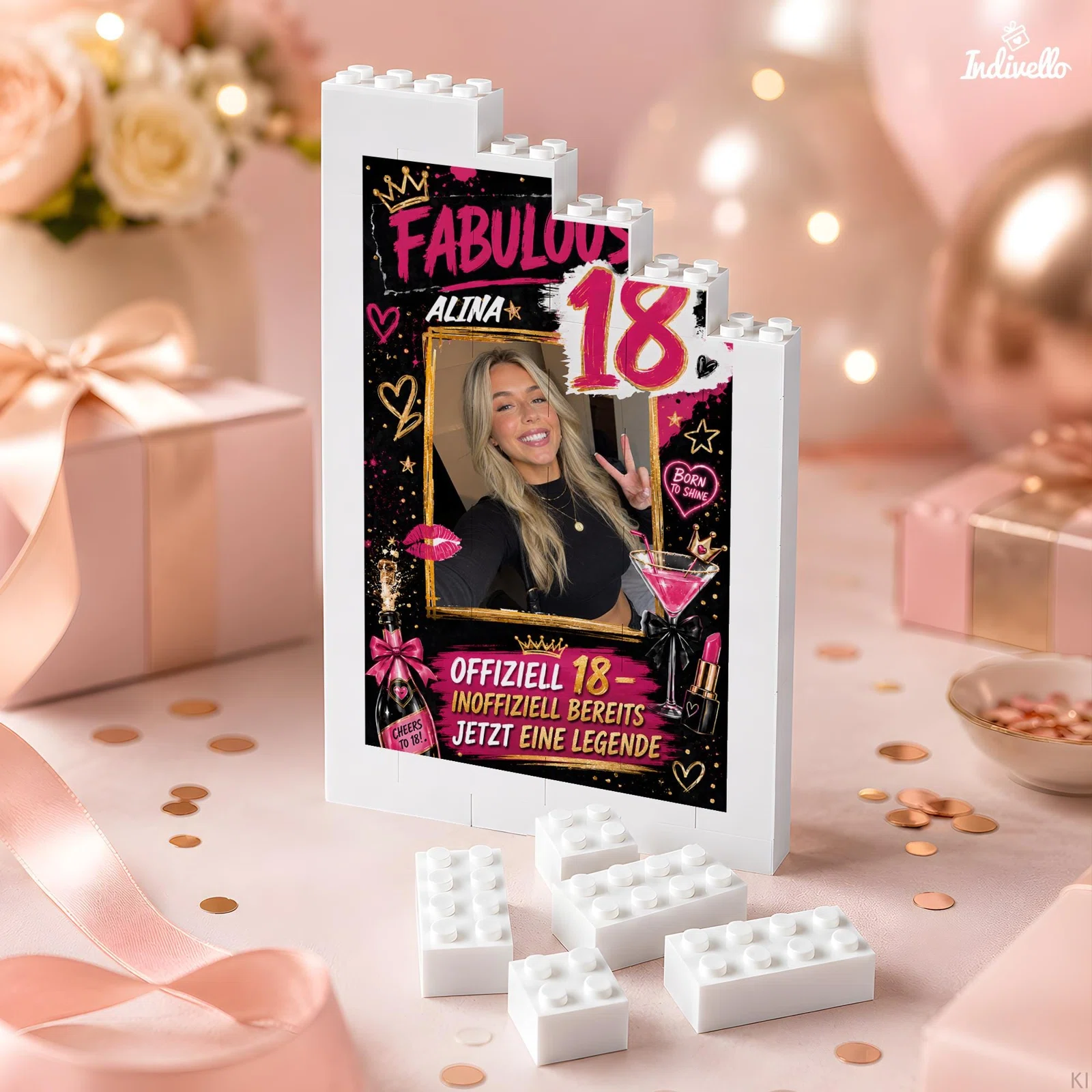 Weißer, treppenförmiger Klemmbaustein-Rahmen mit personalisiertem Fotomotiv zum 18. Geburtstag in Schwarz, Pink und Gold, umgeben von rosafarbenen Geschenken und Konfetti.