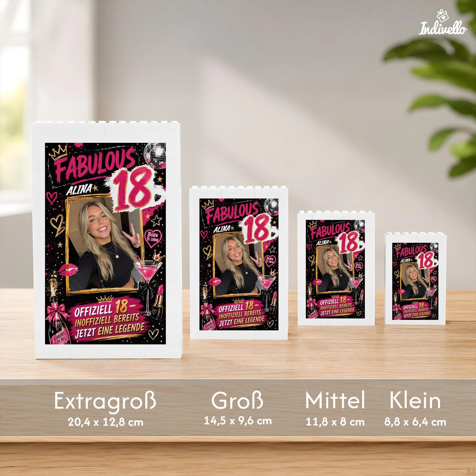 Größenübersicht für den weißen Fotoblock mit pink-schwarzem Geburtstagsmotiv: Extragroß 20,4 × 12,8 cm, Groß 14,5 × 9,6 cm, Mittel 11,8 × 8 cm und Klein 8,8 × 6,4 cm.