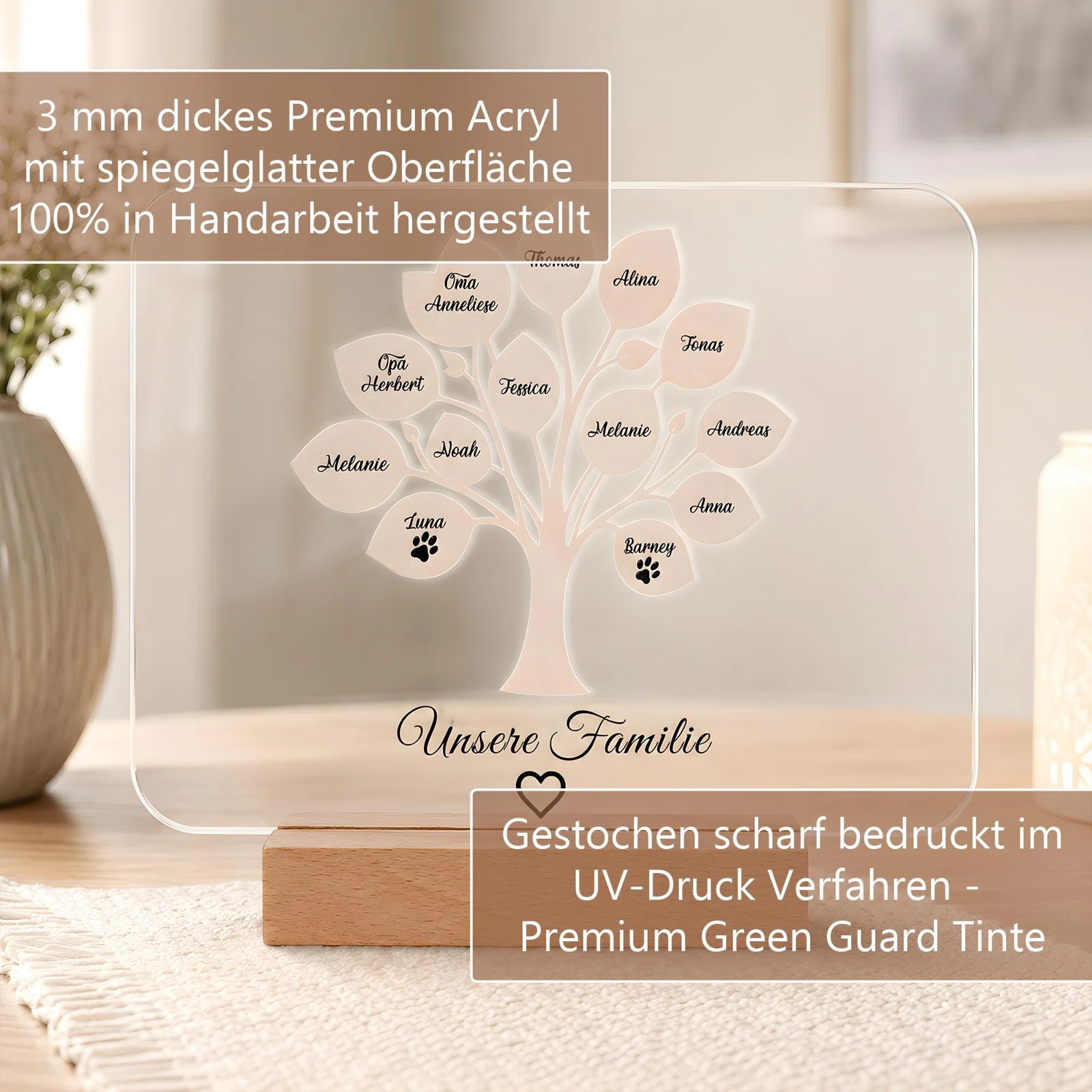 Infografik zum personalisierten Familienbaum: 3 mm dickes Acryl mit spiegelglatter Oberfläche, in Handarbeit gefertigt und gestochen scharf per UV-Druck mit Premium-Green-Guard-Tinte bedruckt.