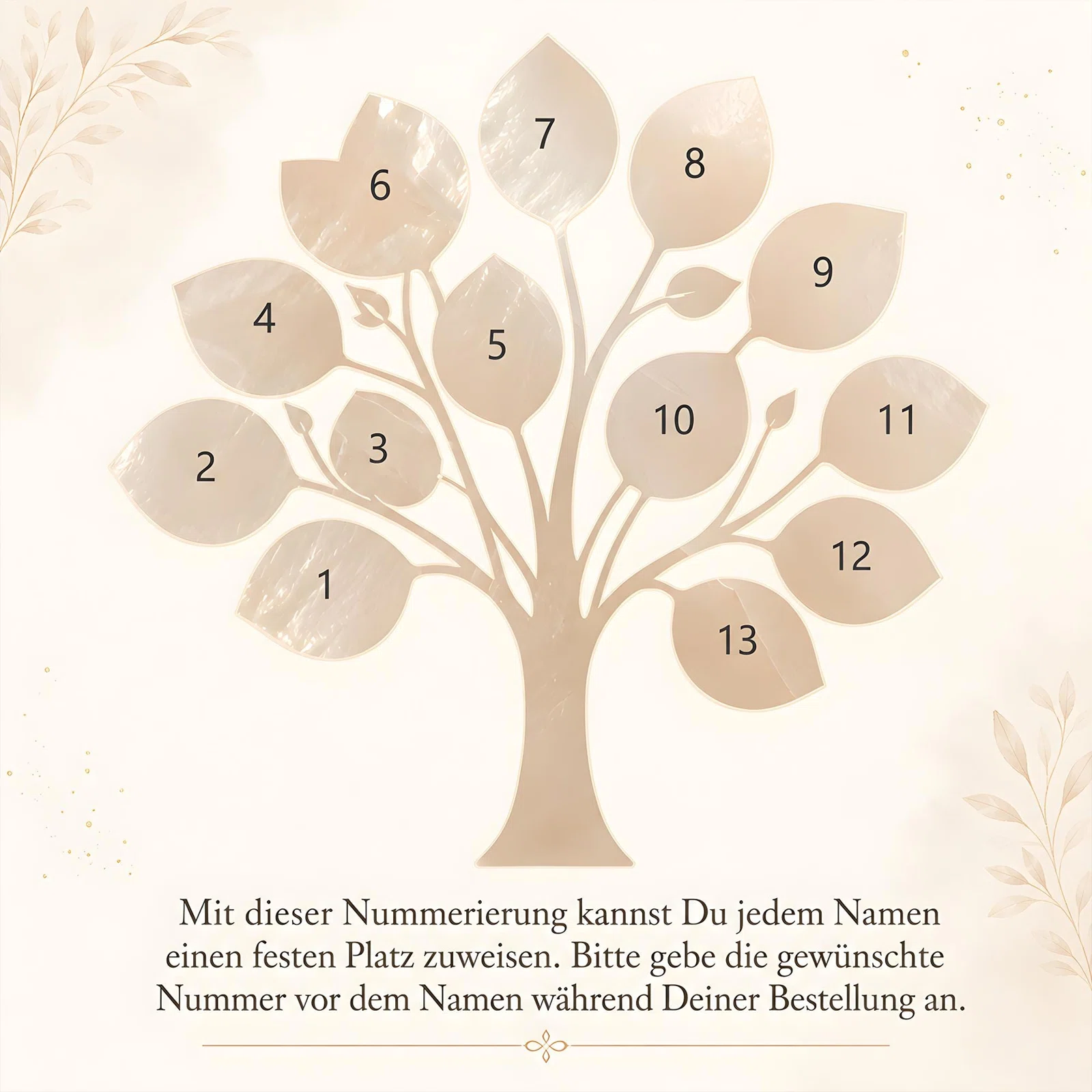 Infografik eines beigefarbenen Stammbaums mit 13 nummerierten Blättern. Die Nummern 1 bis 13 legen fest, an welcher Position die gewünschten Namen bei der Bestellung stehen.