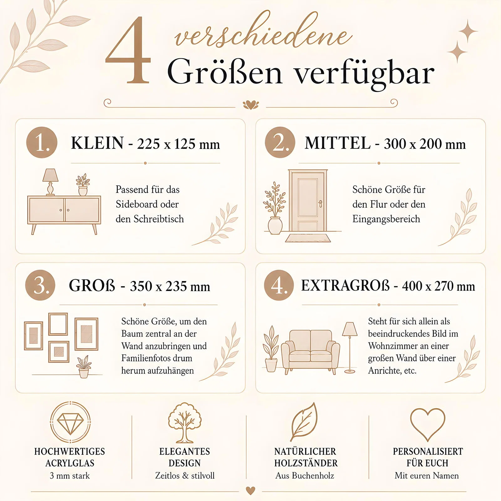 Größenübersicht: Klein 225 × 125 mm, Mittel 300 × 200 mm, Groß 350 × 235 mm und Extragroß 400 × 270 mm. Beige Skizzen zeigen mögliche Platzierungen auf Sideboard, im Flur und an der Wohnzimmerwand.