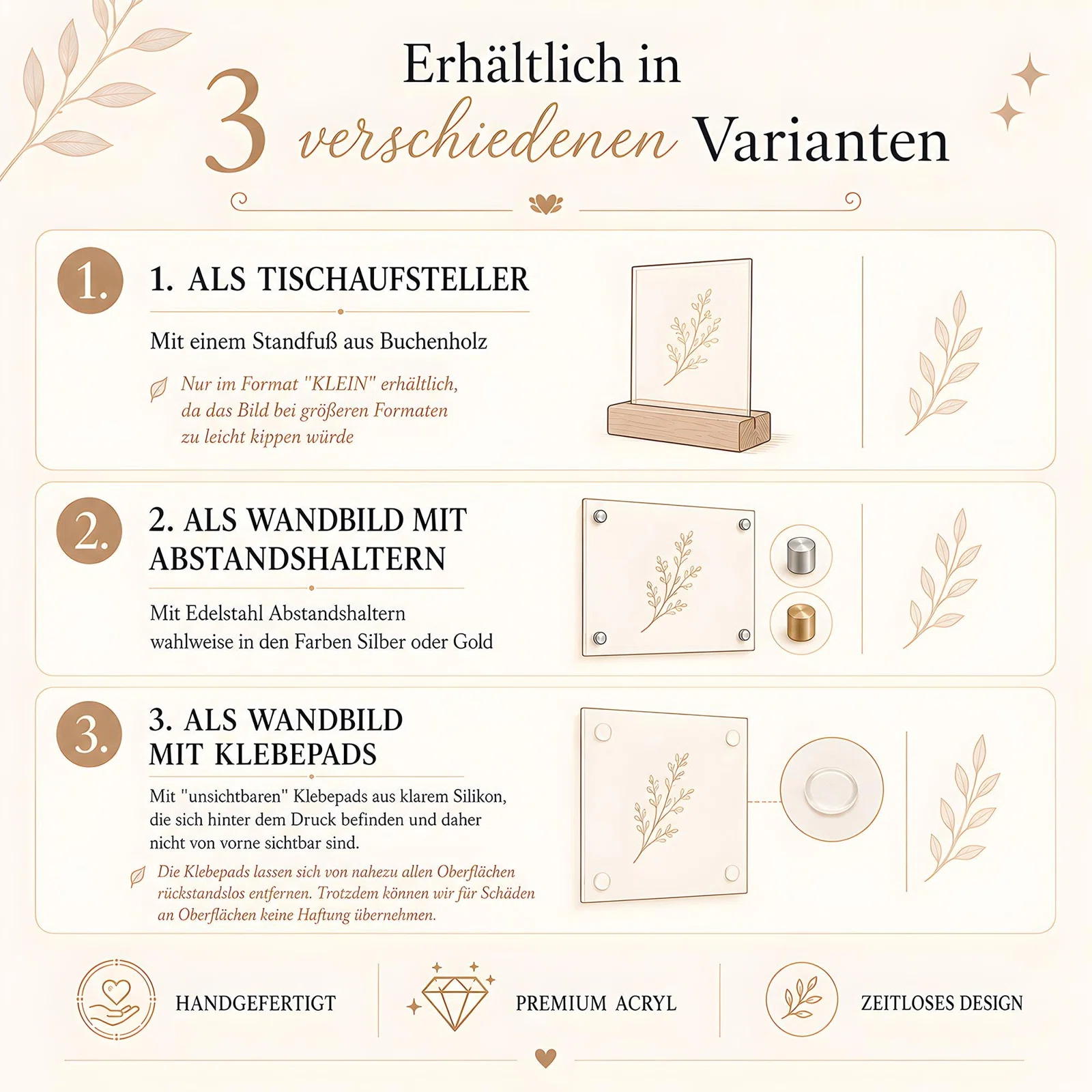 Übersicht der drei Varianten: Tischaufsteller im Holzfuß, nur im Format Klein, Wandbild mit silbernen oder goldenen Abstandshaltern sowie Wandbild mit transparenten Silikon-Klebepads.