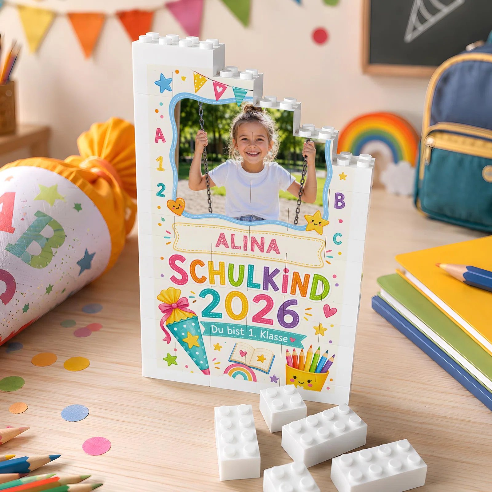 Weißer Fotorahmen in Bausteinform zur Einschulung, frontal auf einem Schreibtisch. Bunte Buchstaben, Zahlen, Schultüte, Stifte und Sterne umgeben das Foto sowie personalisierbaren Namen und Jahrgang.