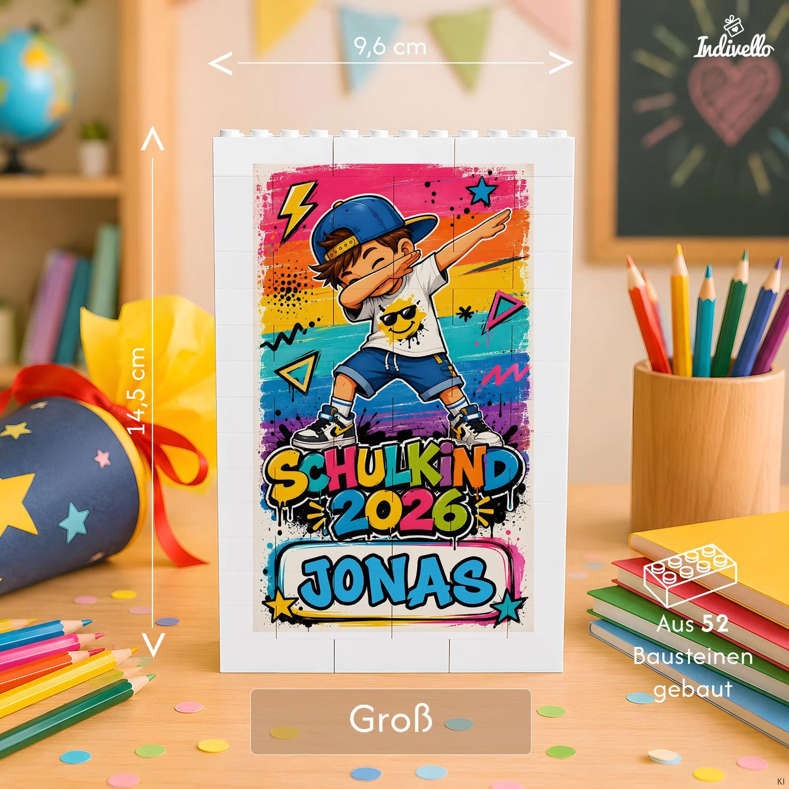 Größenansicht einer weißen Baustein-Tafel mit buntem Graffiti-Motiv, dabbendem Schulkind und personalisierbarem Namensfeld. Die große Variante misst 9,6 × 14,5 cm und besteht aus 52 Bausteinen.