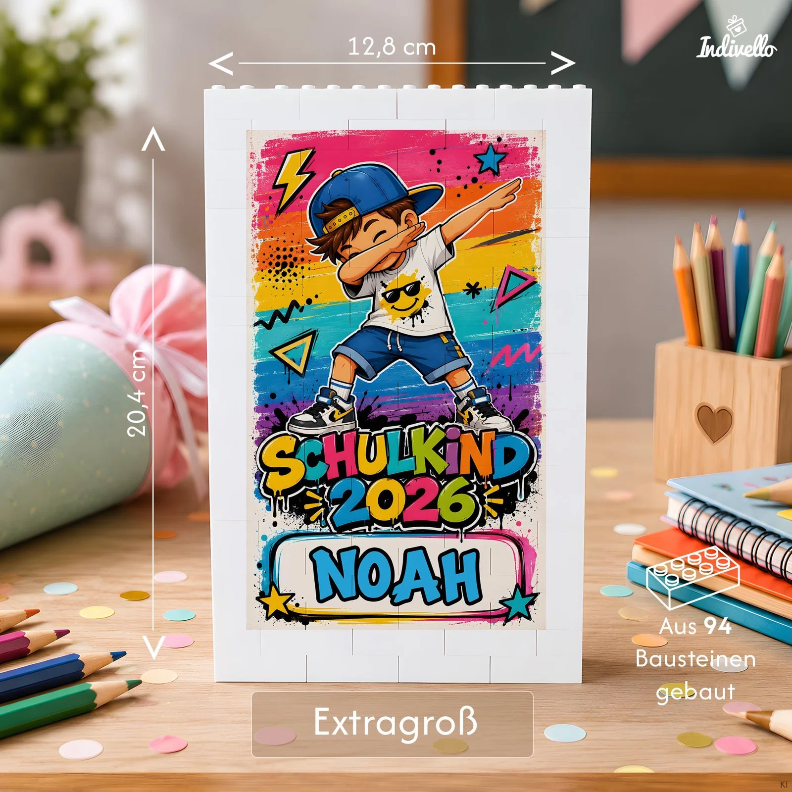 Hochformatige, aus 94 weißen Bausteinen gebaute Tafel mit personalisierbarem Namen, Comicfigur beim Dab und buntem Graffiti-Motiv „Schulkind 2026“. Angegebene Größe: 12,8 × 20,4 cm.