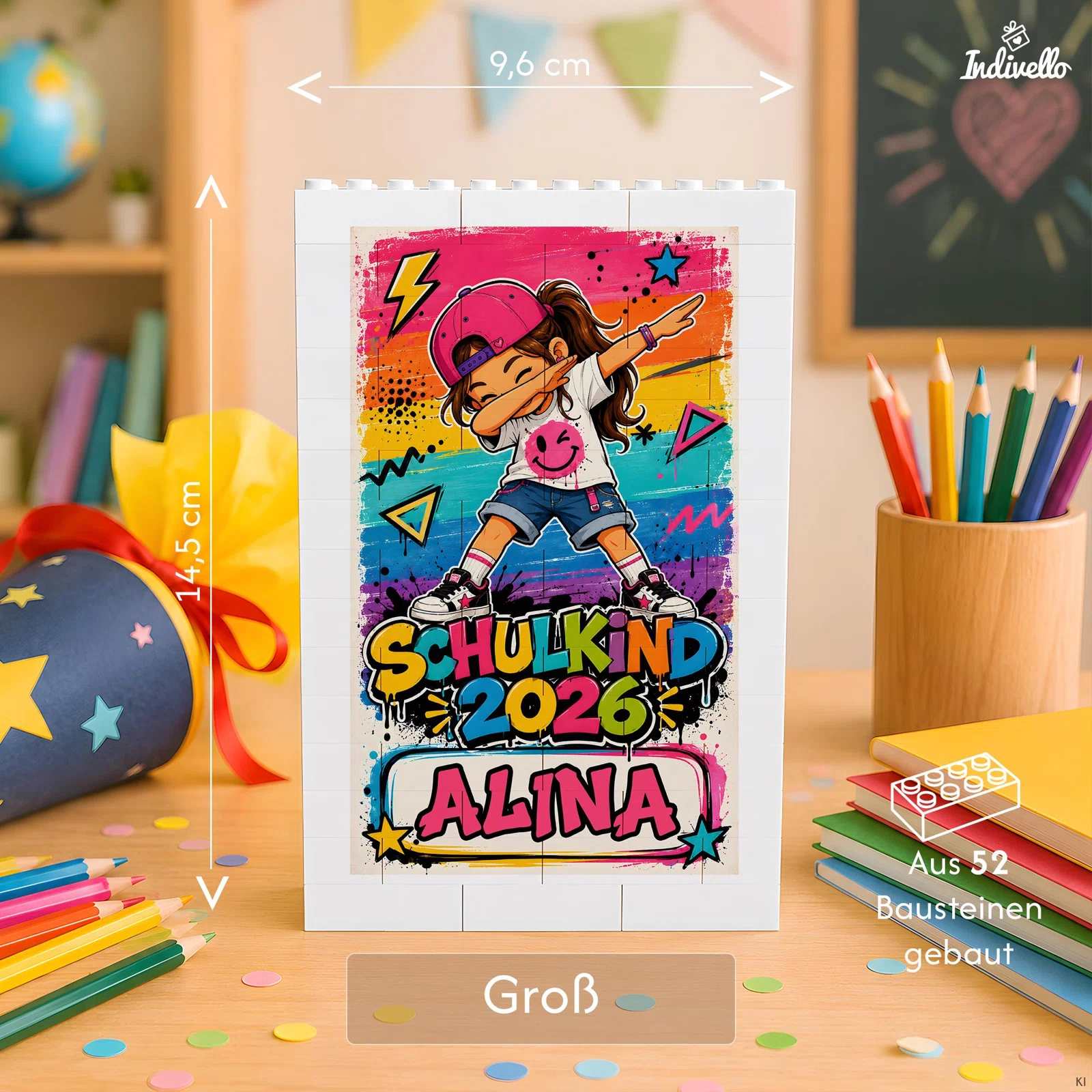 Größenangabe „Groß“ für ein personalisiertes Schulkind-Motiv aus 52 Bausteinen: Die aufrecht stehende Tafel misst laut Grafik 14,5 cm in der Höhe und 9,6 cm in der Breite.