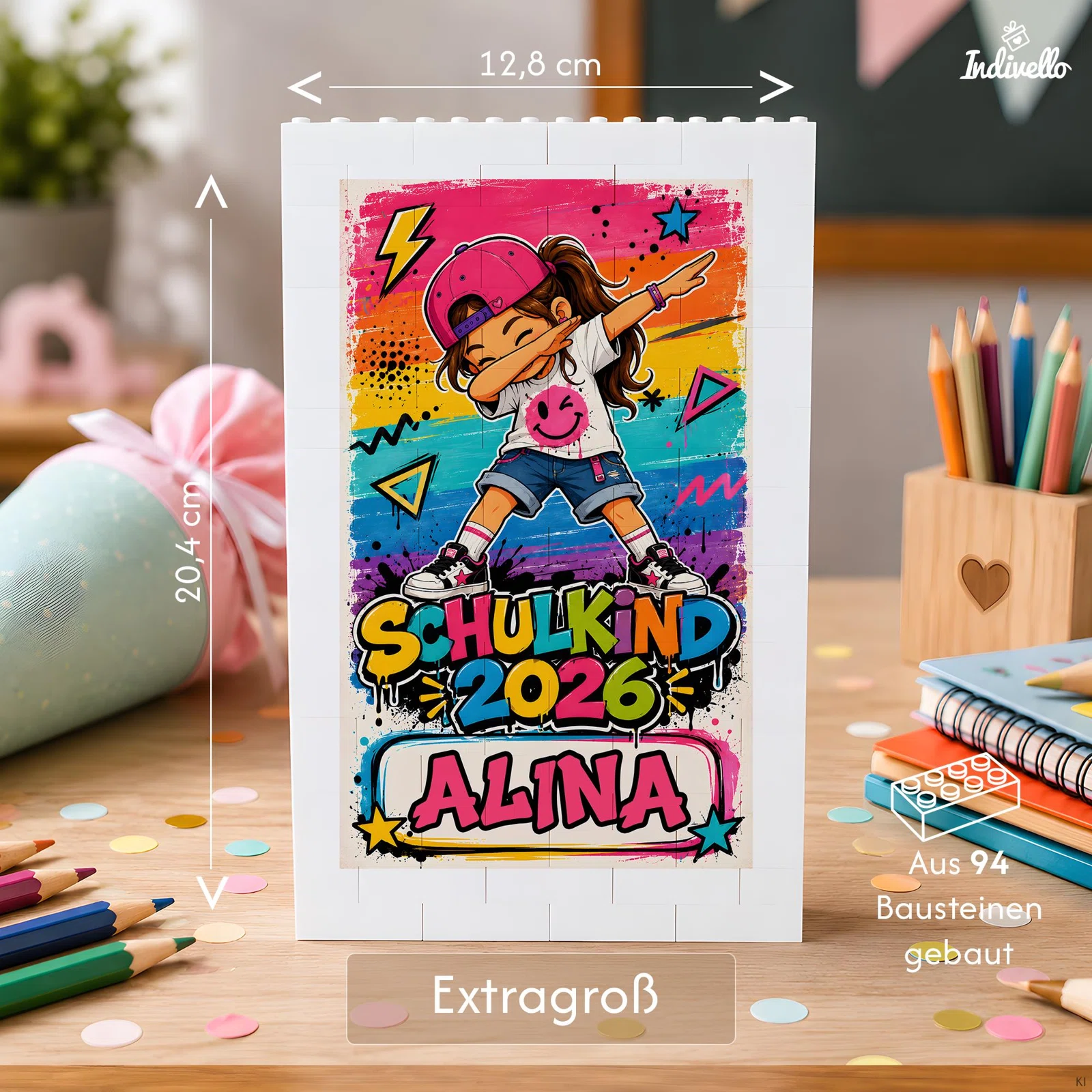 Infografik zu einem extragroßen Aufsteller aus 94 Bausteinen: 20,4 cm hoch und 12,8 cm breit. Das Beispielmotiv zeigt ein tanzendes Schulkind vor buntem Graffiti.
