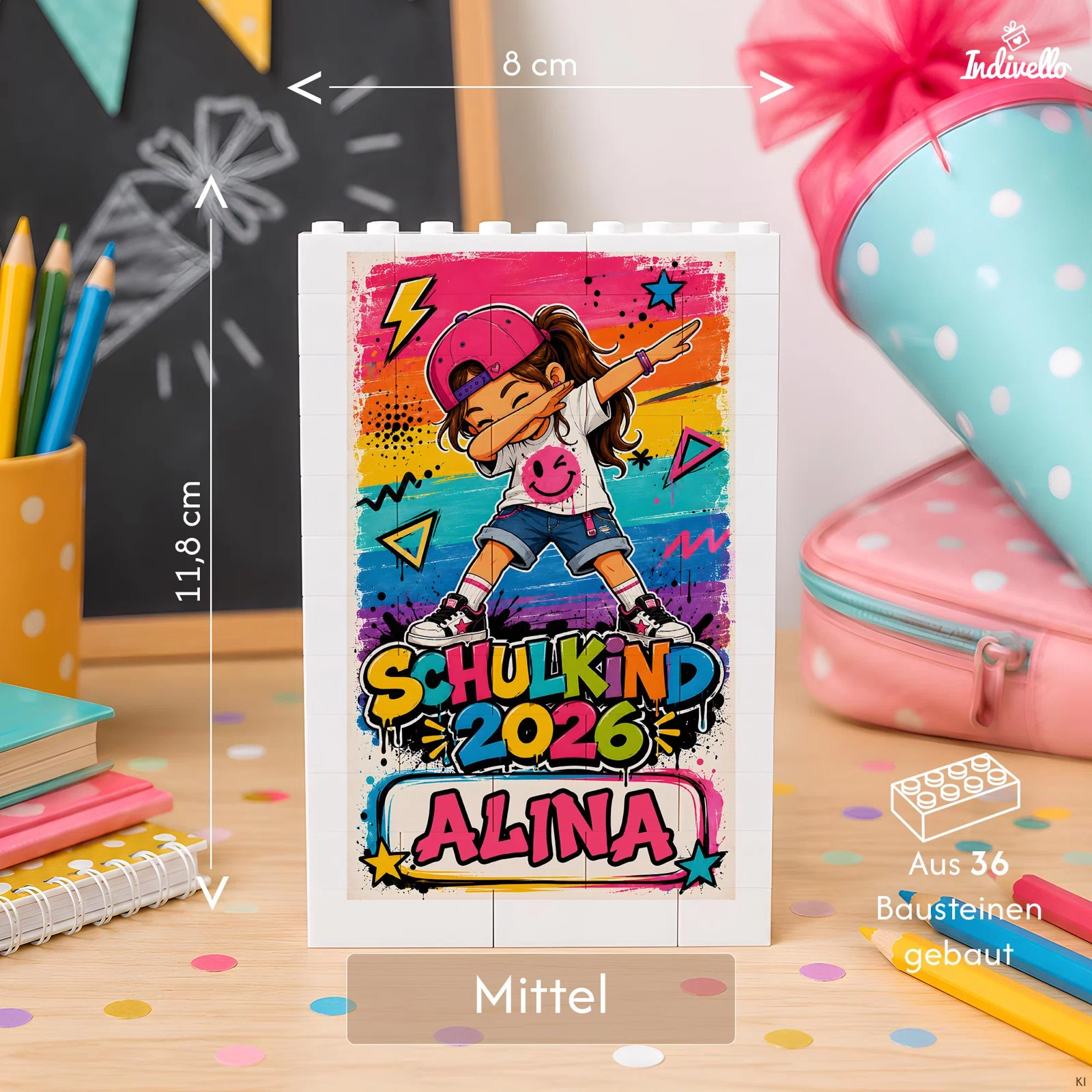 Infografik zur Größe Mittel: rechteckiges, weißes Bausteinbild mit buntem Graffiti-Schulkind-Motiv, 8 cm breit und 11,8 cm hoch; aus 36 Bausteinen gebaut.
