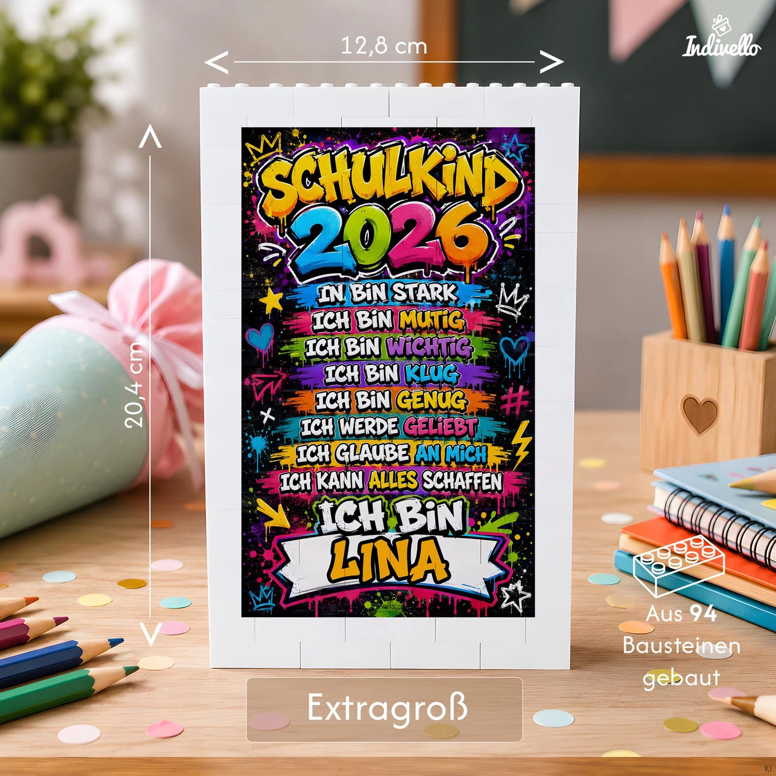 Infografik zu einem weißen Bausteinrahmen mit farbenfrohem Graffiti-Poster für ein Schulkind und stärkenden Ich-Botschaften. Der Rahmen ist 20,4 × 12,8 cm groß und aus 94 Bausteinen gebaut.