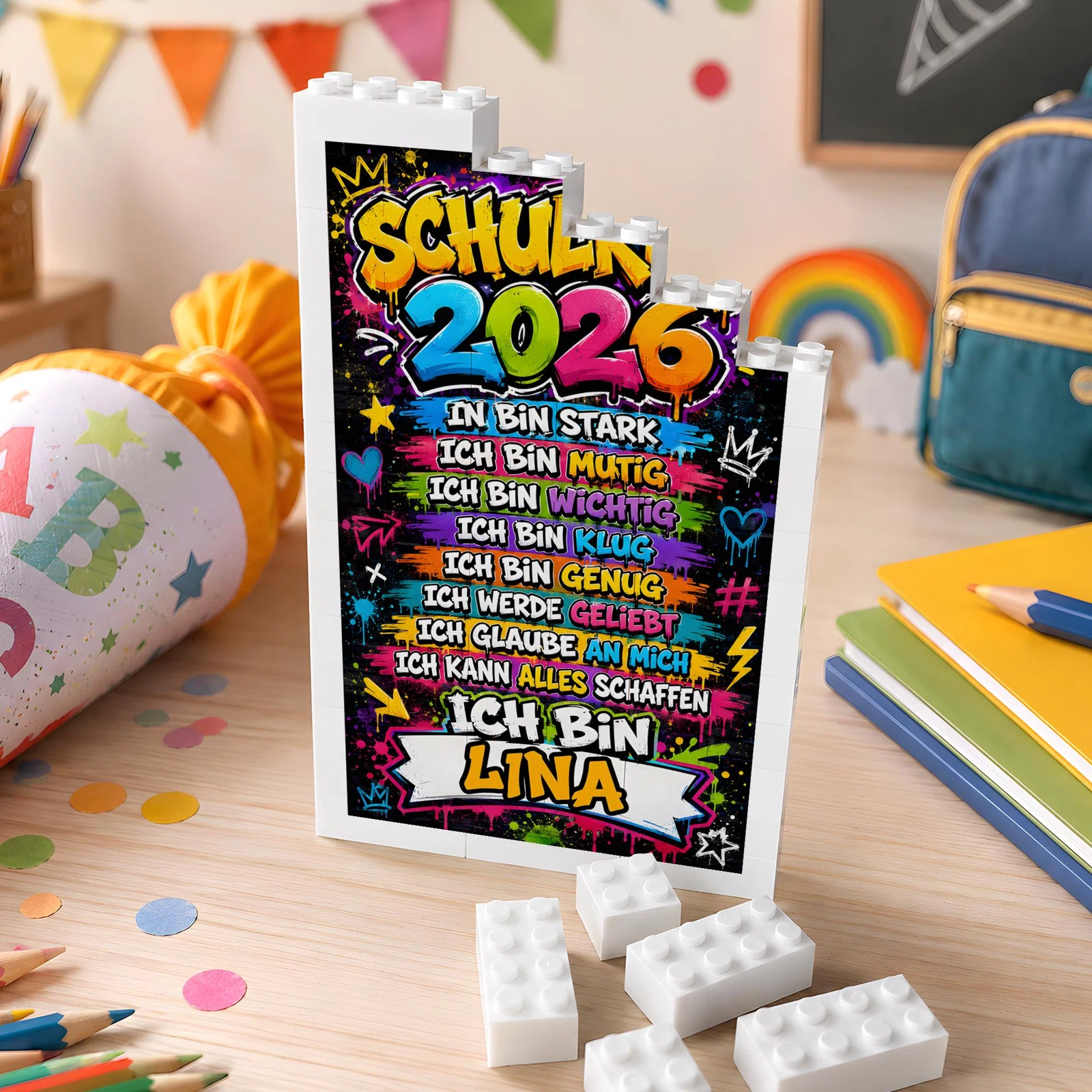 Personalisierbares Einschulungsbild in einem weißen, treppenförmigen Klemmbaustein-Rahmen. Bunte Graffiti-Schrift nennt „Schulkind 2026“ und stärkende Ich-Botschaften.