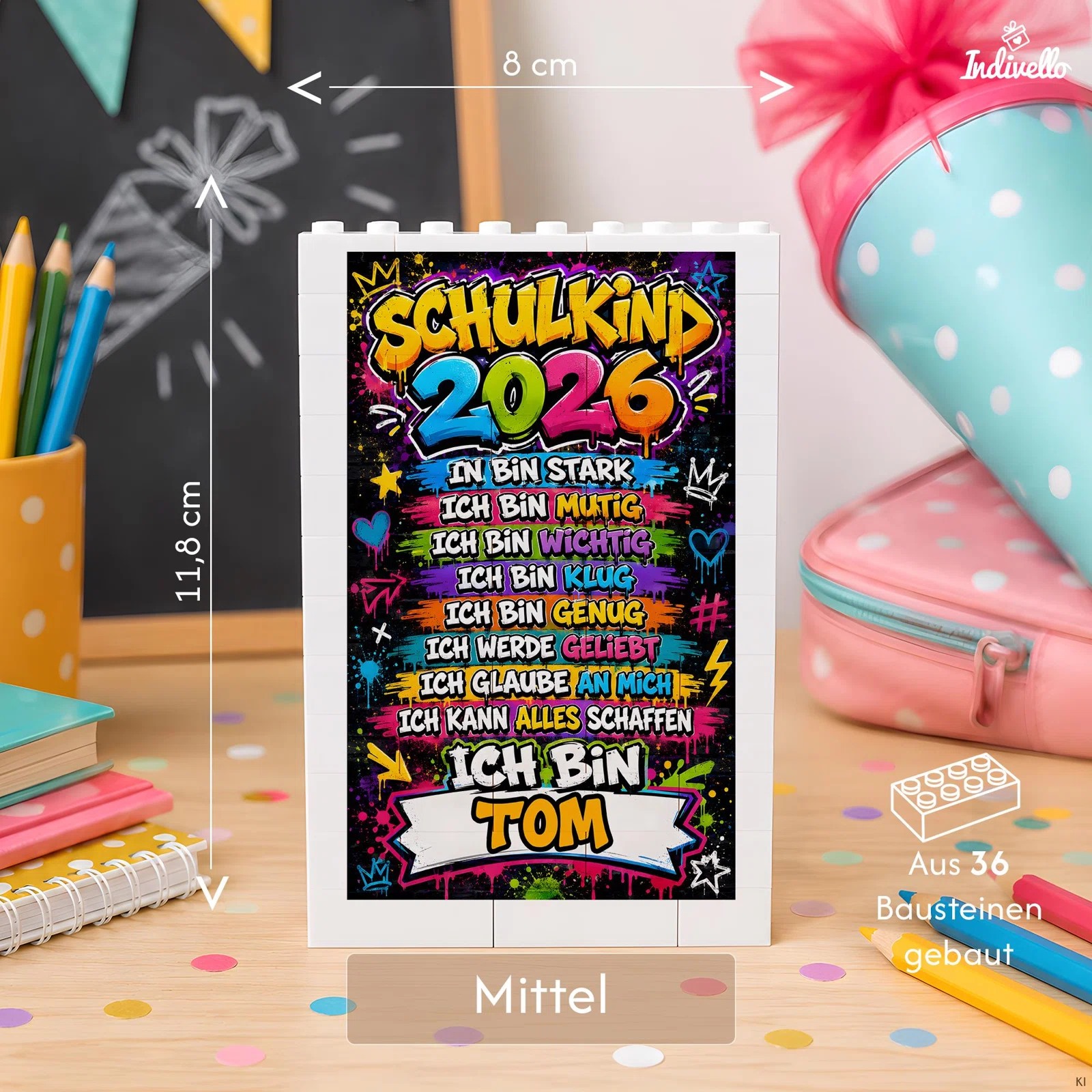 Mittlere Aufstelltafel aus 36 weißen Bausteinen, frontal gezeigt, 8 cm breit und 11,8 cm hoch. Der bunte Graffiti-Einsatz trägt „Schulkind 2026“, stärkende Ich-Sätze und ein Namensfeld.
