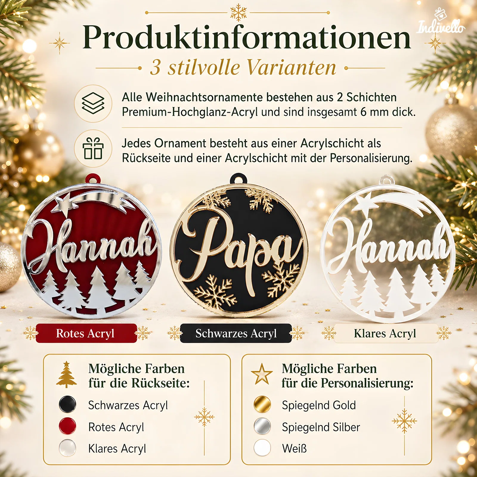Infografik erklärt den zweischichtigen, insgesamt 6 mm dicken Aufbau der runden Acryl-Weihnachtsornamente. Rückseiten gibt es in Schwarz, Rot oder Klar, Personalisierungen in Spiegelgold, Spiegelsilber oder Weiß.