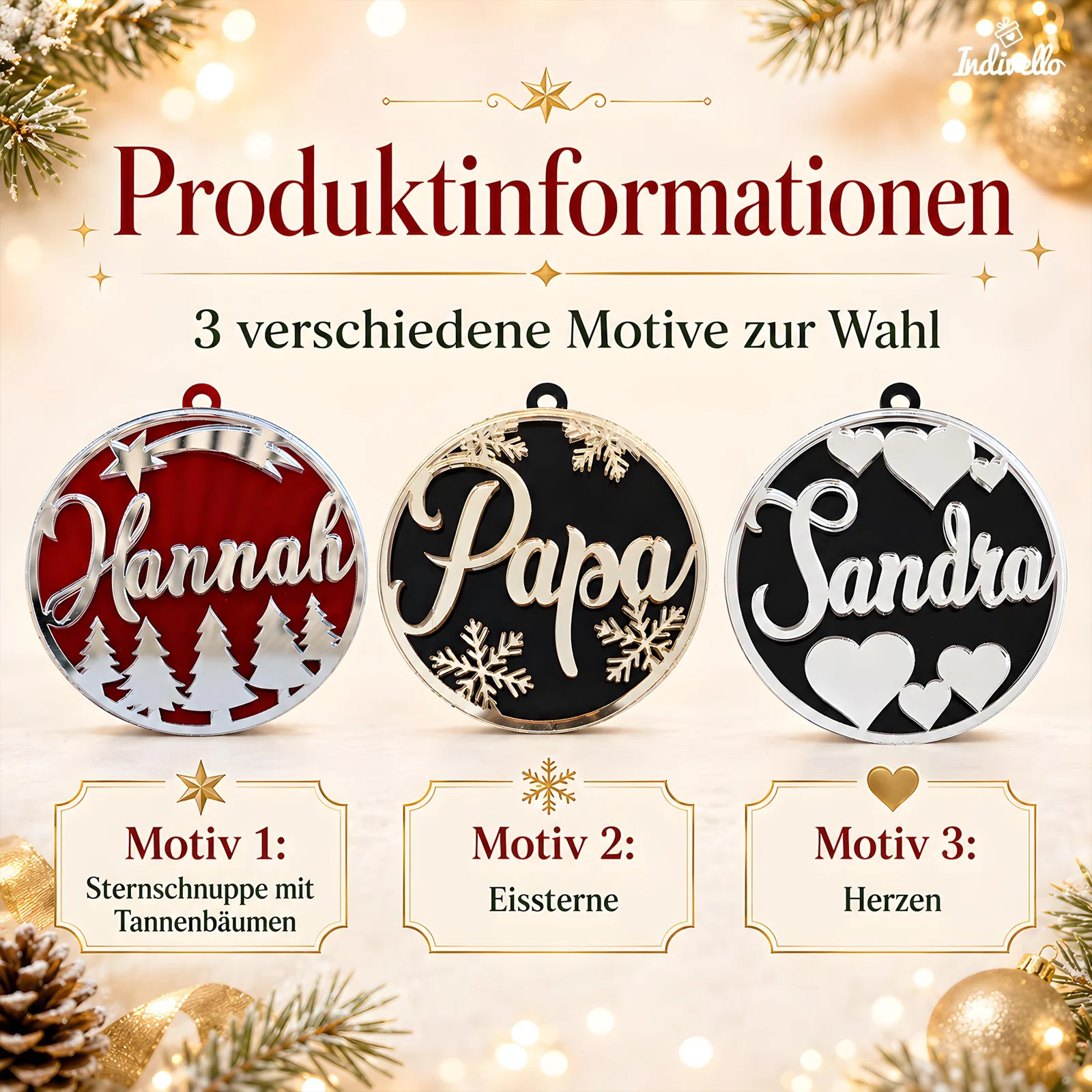 Infografik mit drei runden Anhänger-Motiven: Sternschnuppe mit Tannenbäumen auf Rot, Eiskristalle auf Schwarz sowie Herzen auf Schwarz, jeweils mit großem Namen in Schreibschrift.