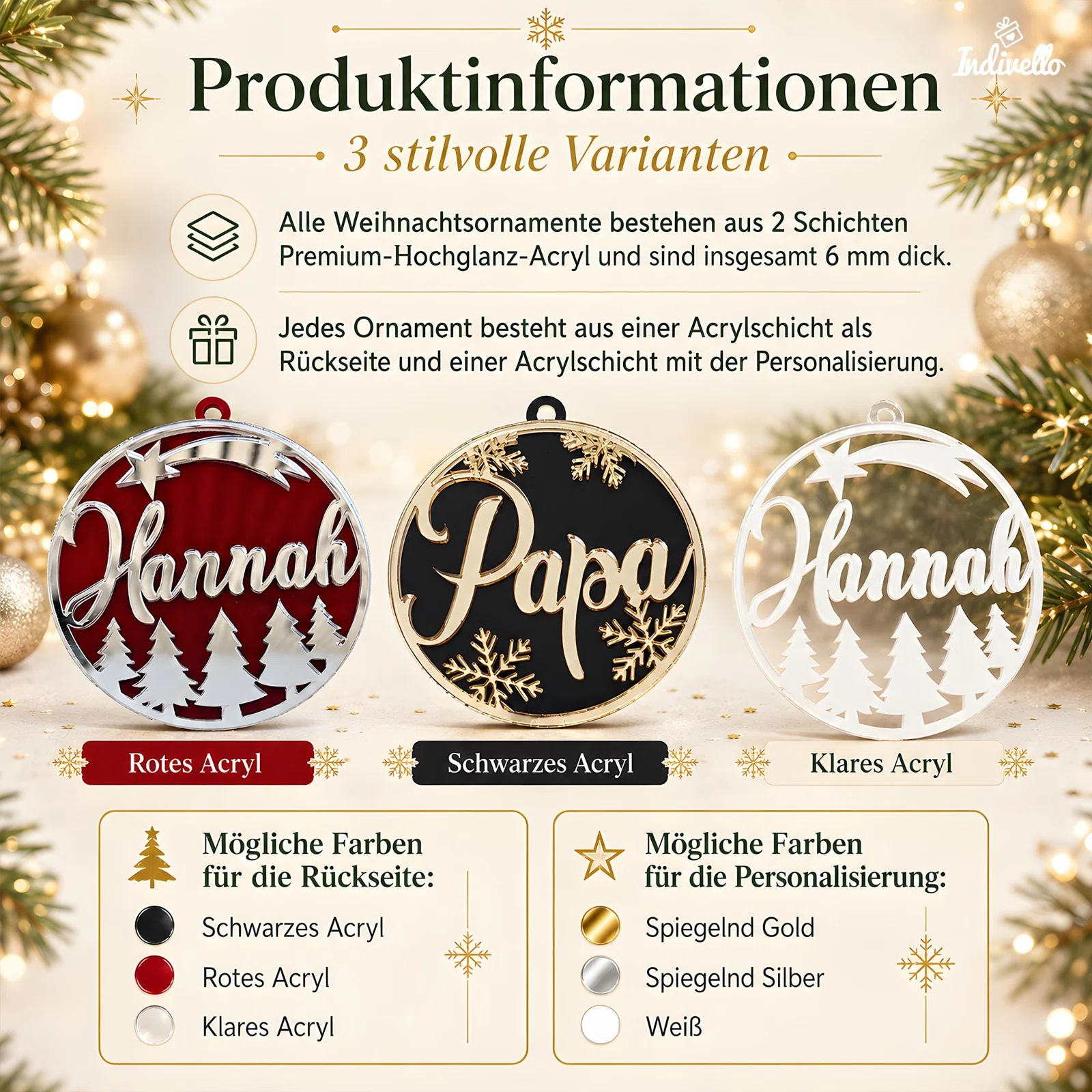 Infografik zu runden, personalisierten Weihnachtsornamenten mit zwei Acrylschichten und 6 mm Gesamtdicke. Varianten mit roter, schwarzer oder klarer Rückseite und Dekor in Spiegelgold, Spiegelsilber oder Weiß.