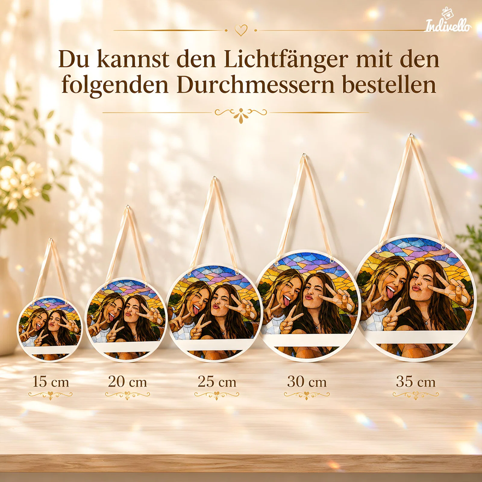 Größenübersicht für einen runden Lichtfänger mit farbigem Porträtmotiv und Aufhängeschlaufe. Bestellbare Durchmesser: 15, 20, 25, 30 und 35 cm.