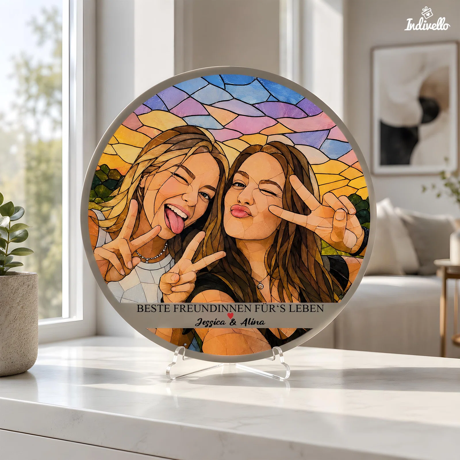 Runde Bildtafel auf transparentem Ständer mit farbenfrohem Mosaikporträt zweier Personen, die Handzeichen zeigen. Darunter steht „Beste Freundinnen für’s Leben“ mit zwei Namen.