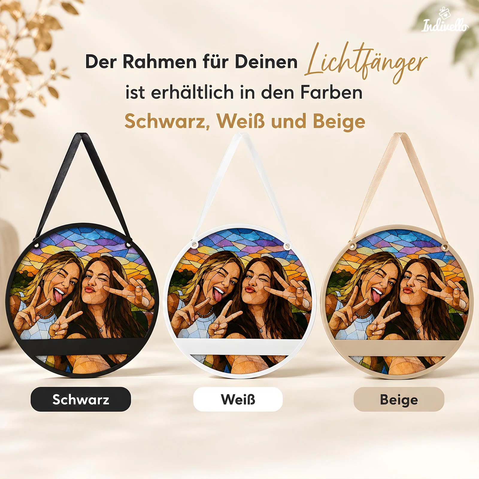 Farbauswahl für den runden Lichfänger-Rahmen: Schwarz, Weiß oder Beige. Alle drei Varianten sind in der Vorderansicht mit demselben bunten Fotomotiv dargestellt.